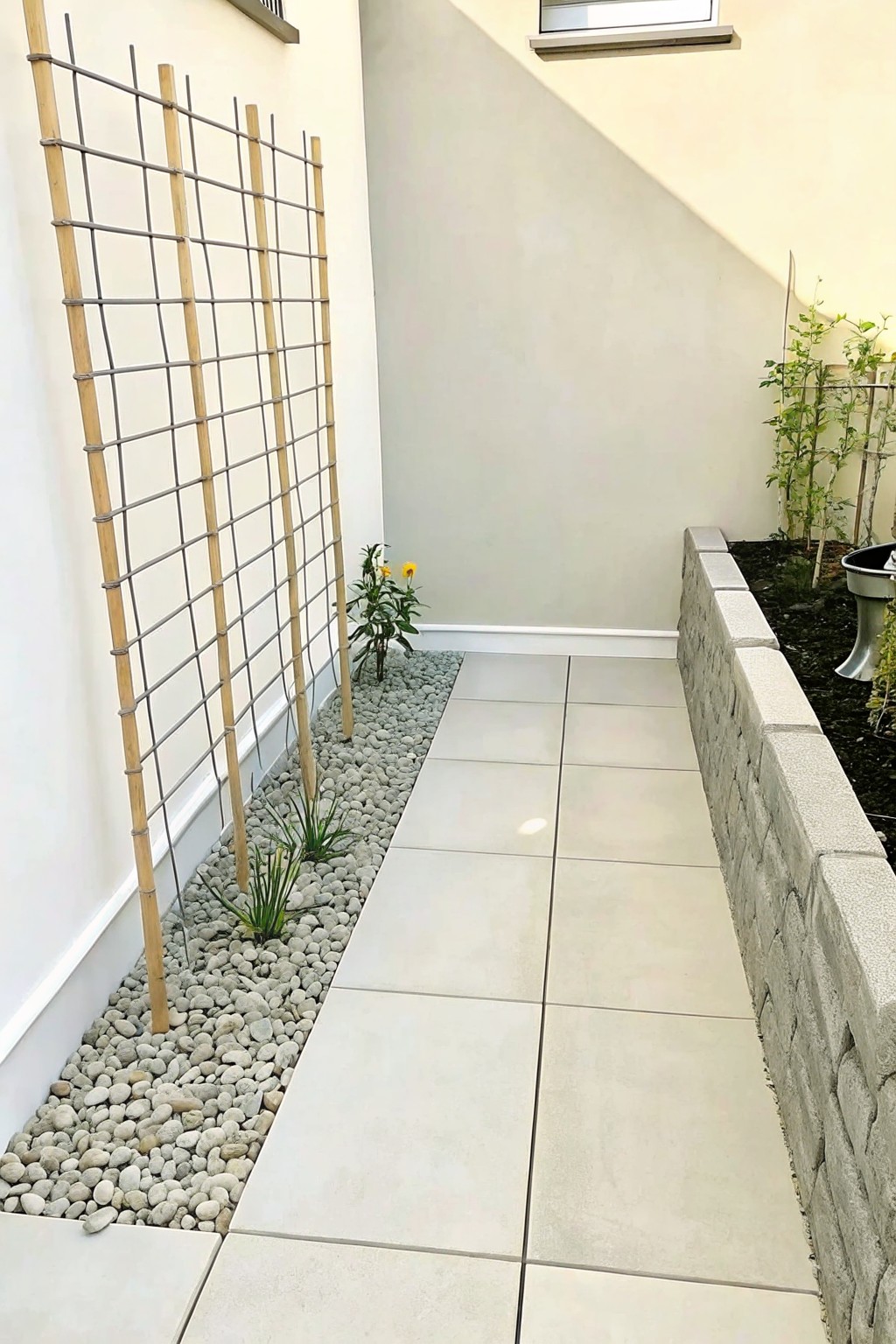 A paved walkway with a gravel planting bed on the left holding a bamboo trellis and a low stone wall bordering soil on the right.