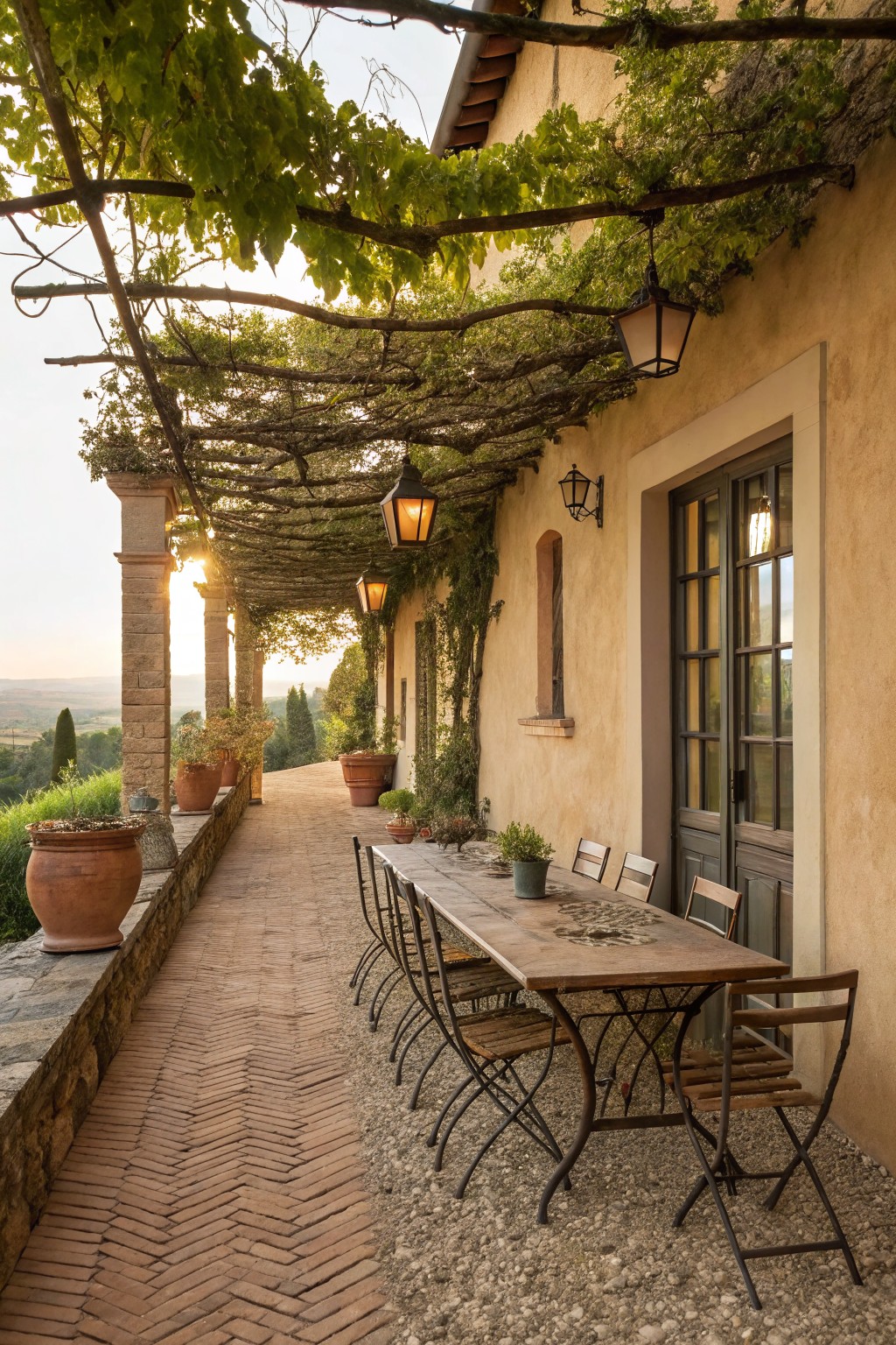 Rustic patio with long wooden table, chairs, vine-covered pergola, lanterns, and brick path at sunset.