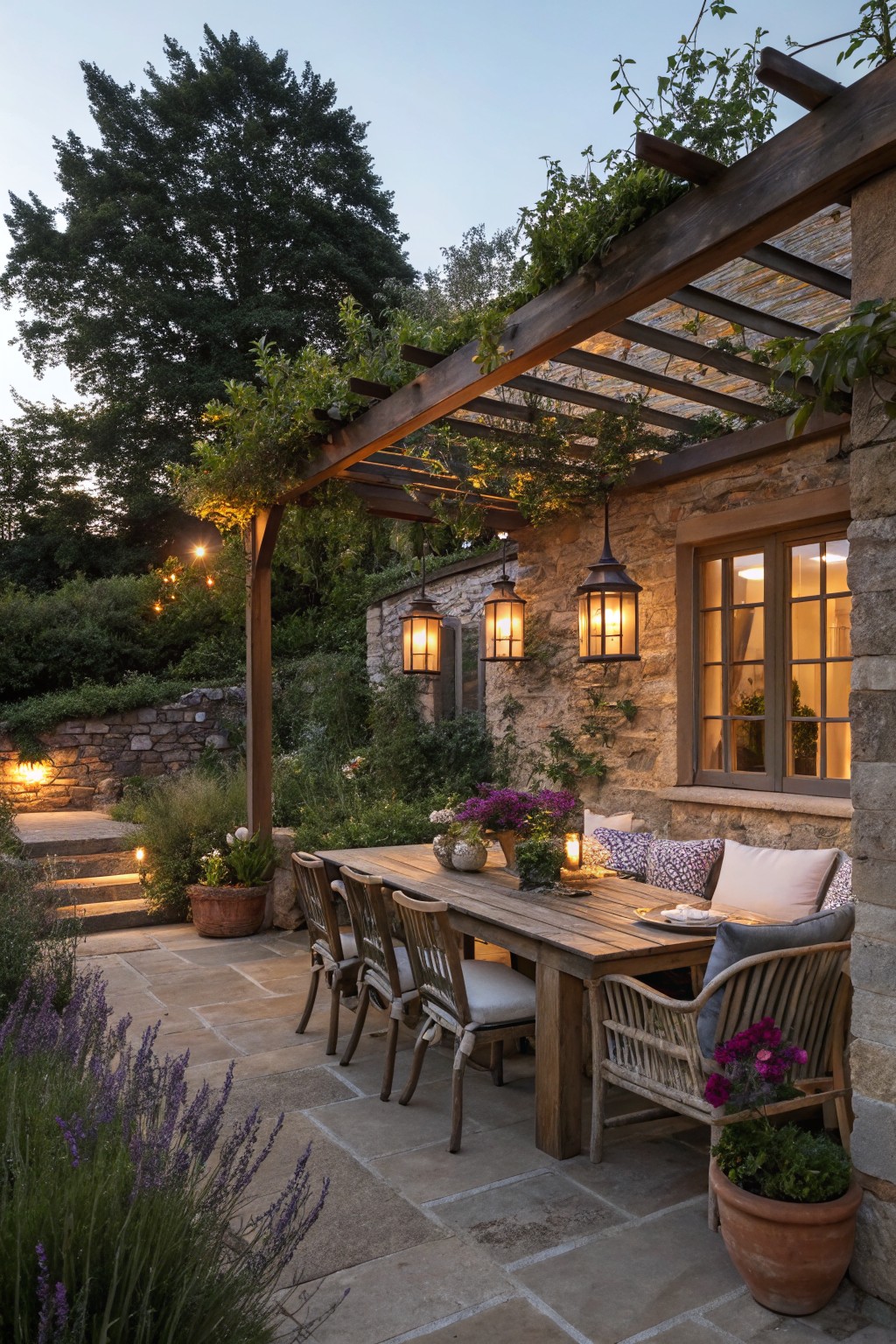 A wooden dining table with chairs sits under a vine-covered pergola with three hanging lanterns, next to a stone house wall and garden plantings.