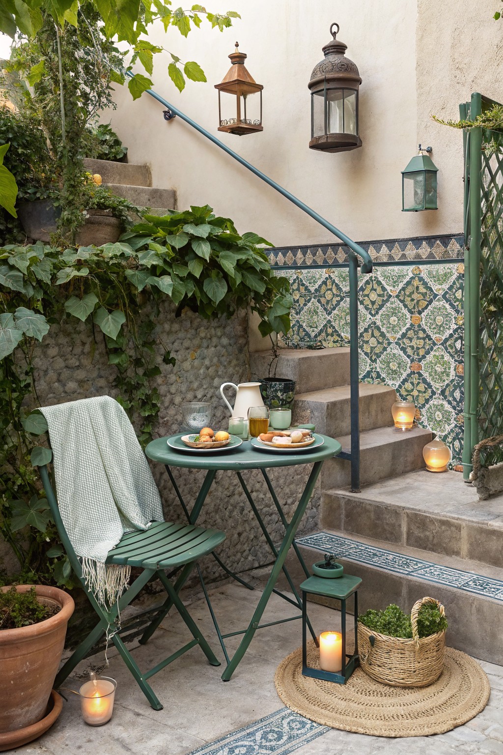An outdoor patio dining setup with a green metal table and chair, surrounded by potted plants, stone steps with decorative tiles, and several lit lanterns placed on the steps, table, and wall.