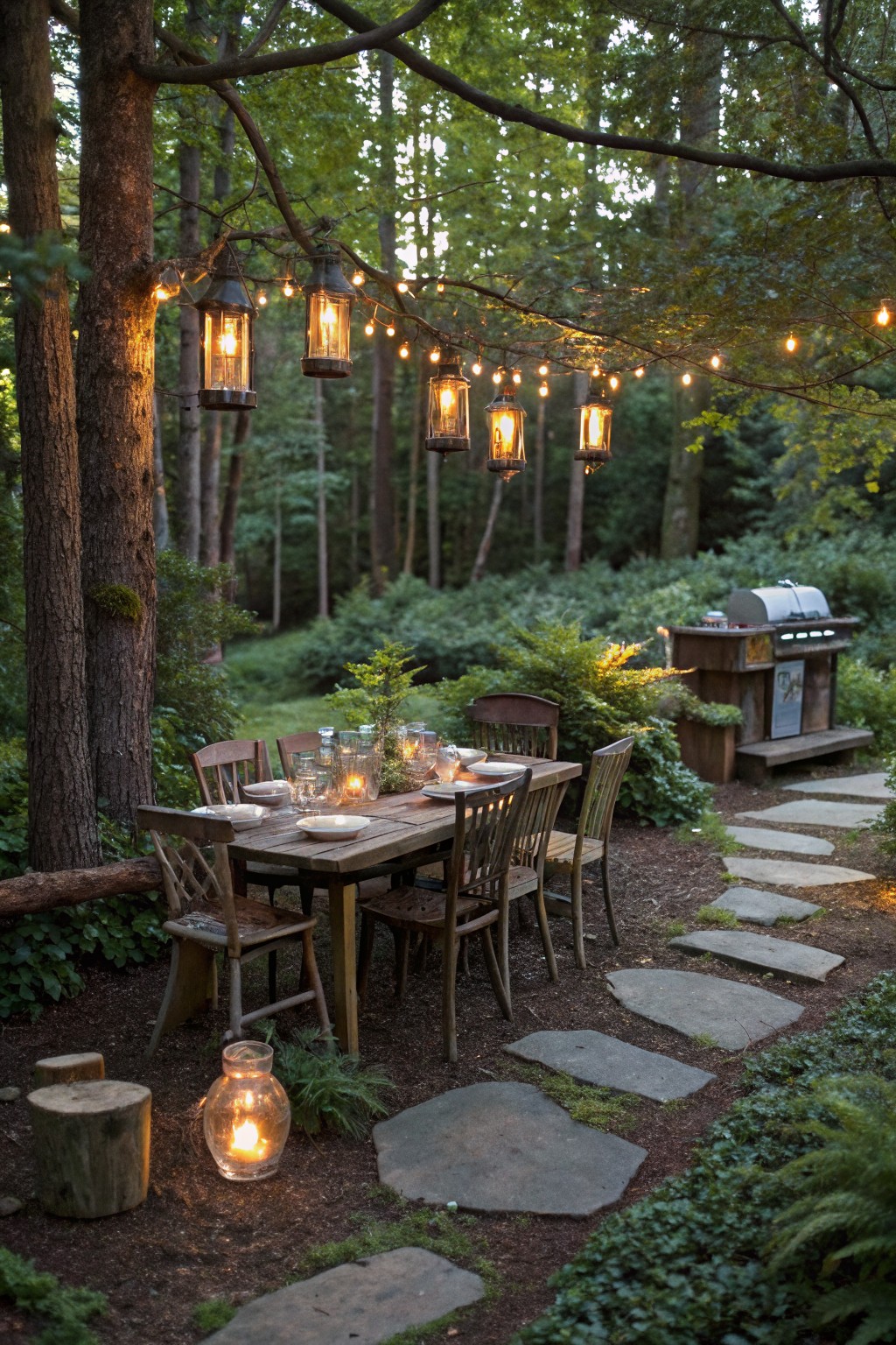 A wooden dining table with chairs sits on dirt ground beneath trees, with multiple glass lanterns and string lights hanging from branches above it.
