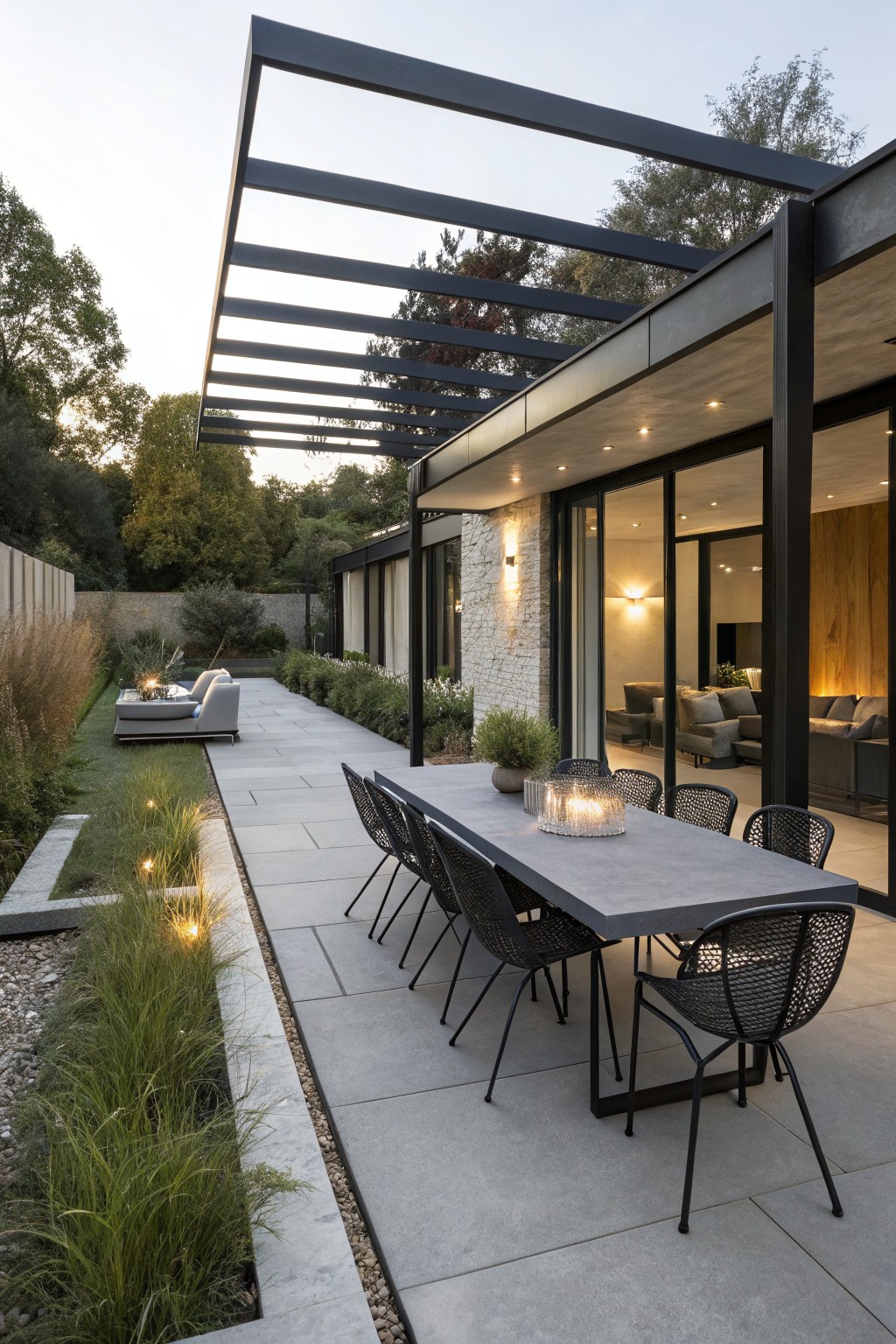 Modern patio with long dining table, black chairs, pergola, and garden lights at dusk
