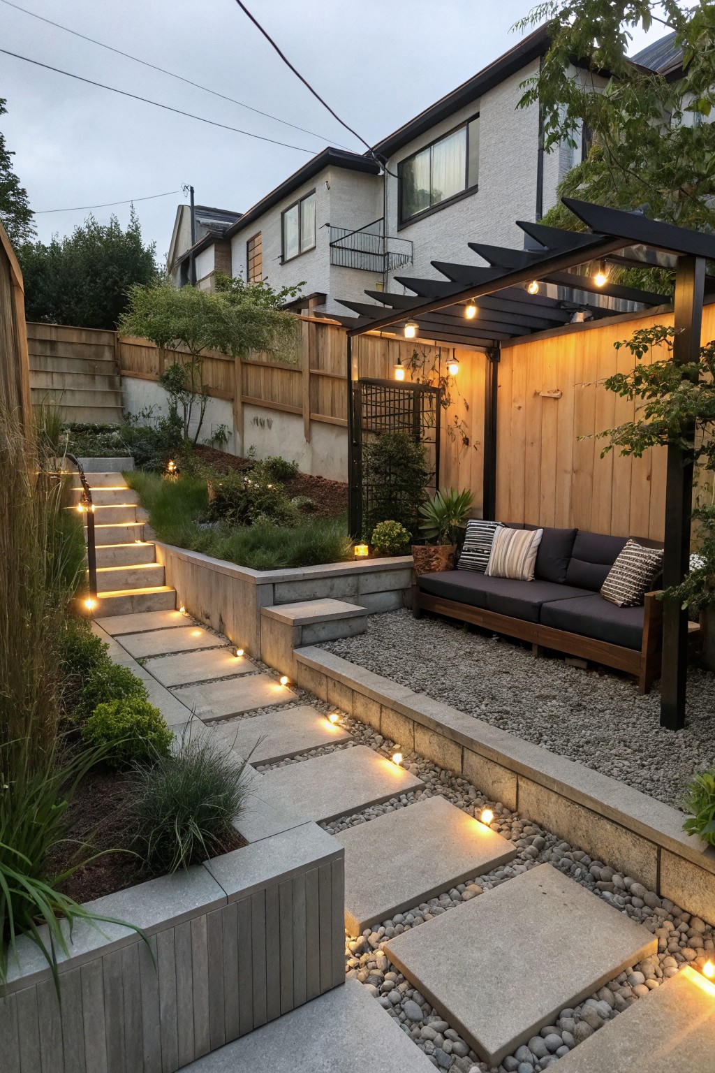 Backyard garden with illuminated concrete steps and stepping stones set in gravel, leading past raised beds to a seating area under a pergola.