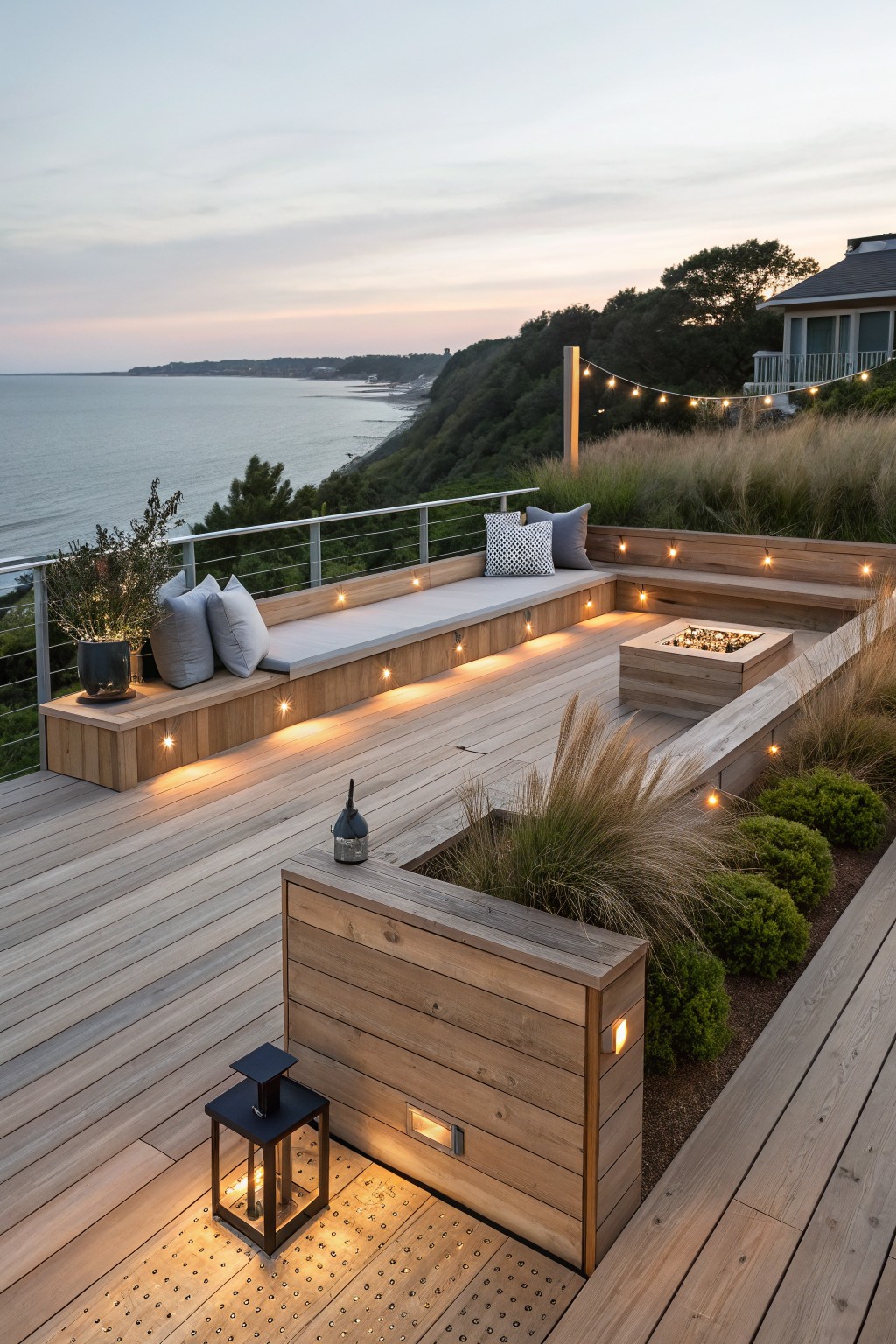 Modern wooden ocean-view deck with built-in benches, fire pit, and string lights.