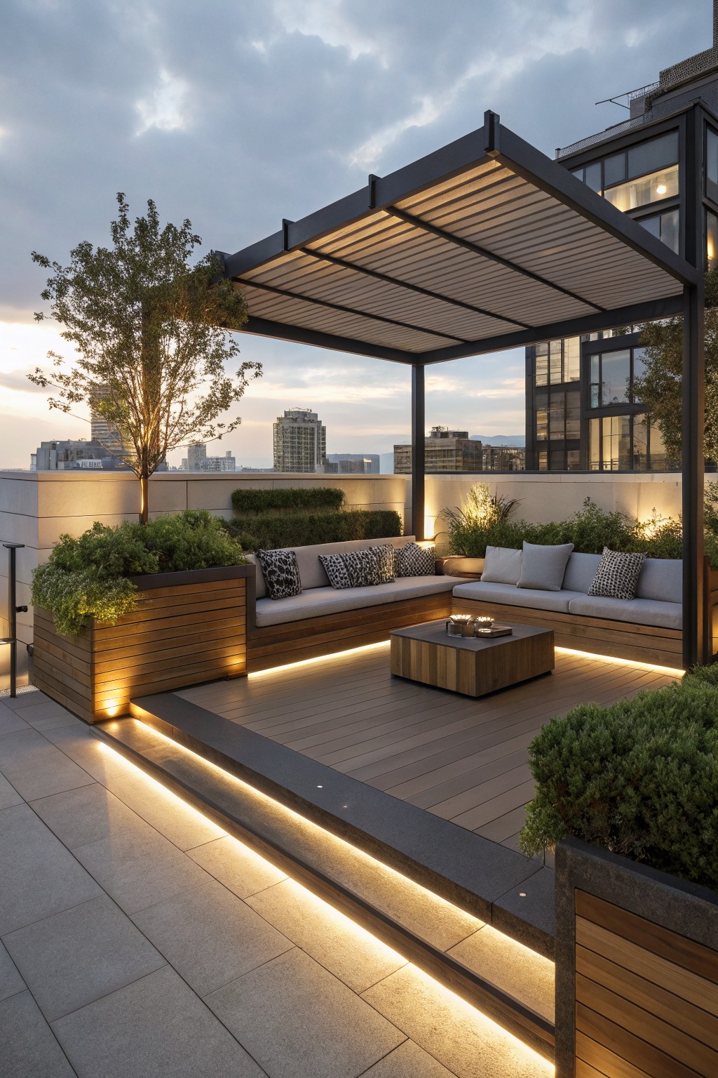 Modern rooftop deck with lit pergola, sectional sofa, coffee table, and city skyline at dusk