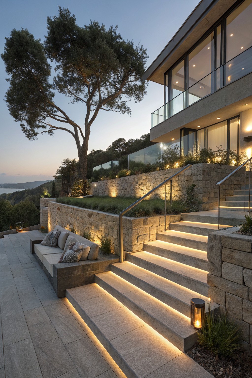 Outdoor stone steps with built-in edge lighting lead up a terraced garden beside a modern house at dusk.
