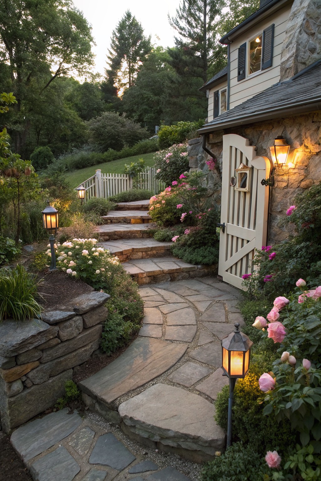 Stone pathway winds past pink roses to open gate at lantern-lit house