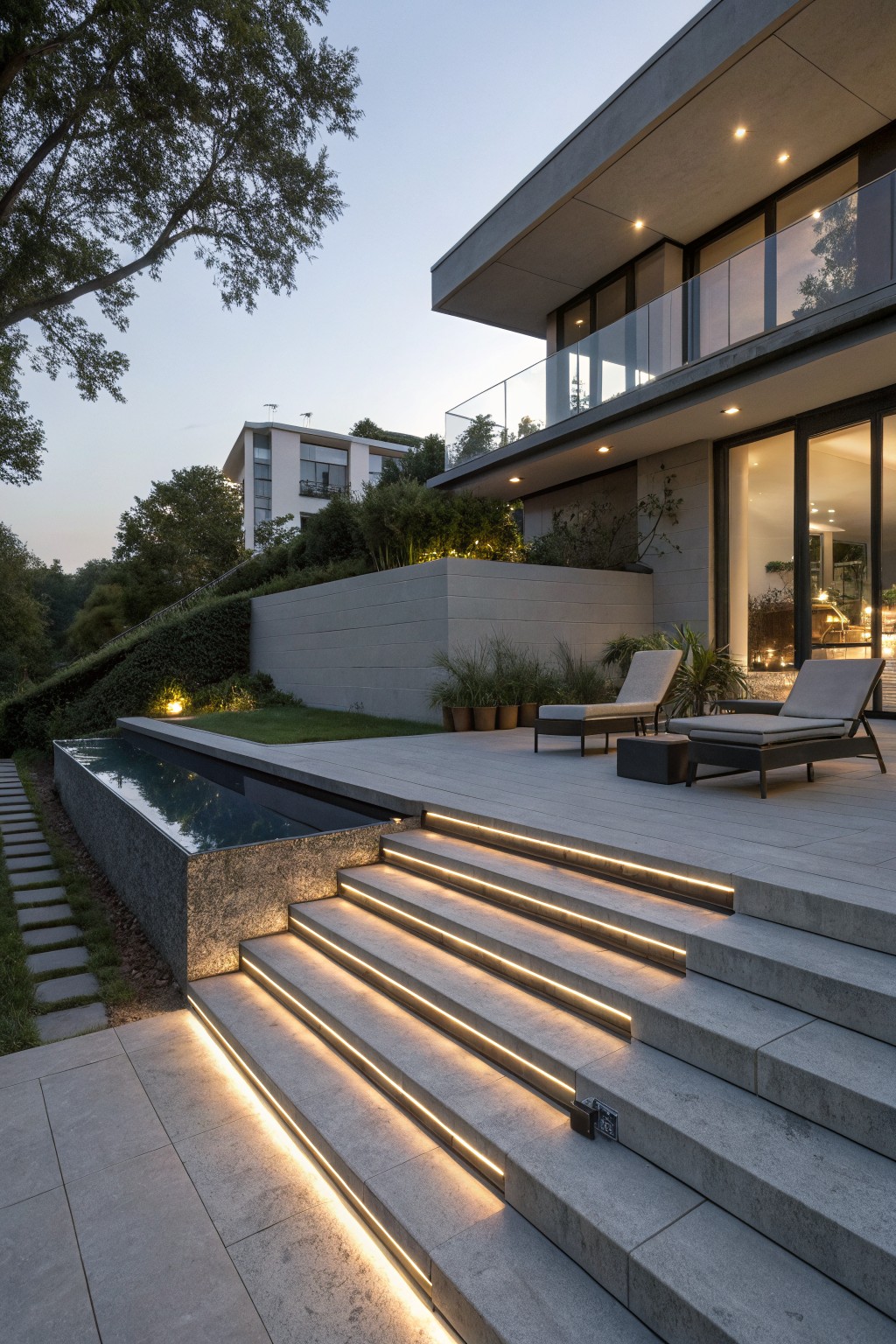 Concrete stairs with linear LED lights along each riser lead up to a stone deck with two lounge chairs beside a rectangular water feature.