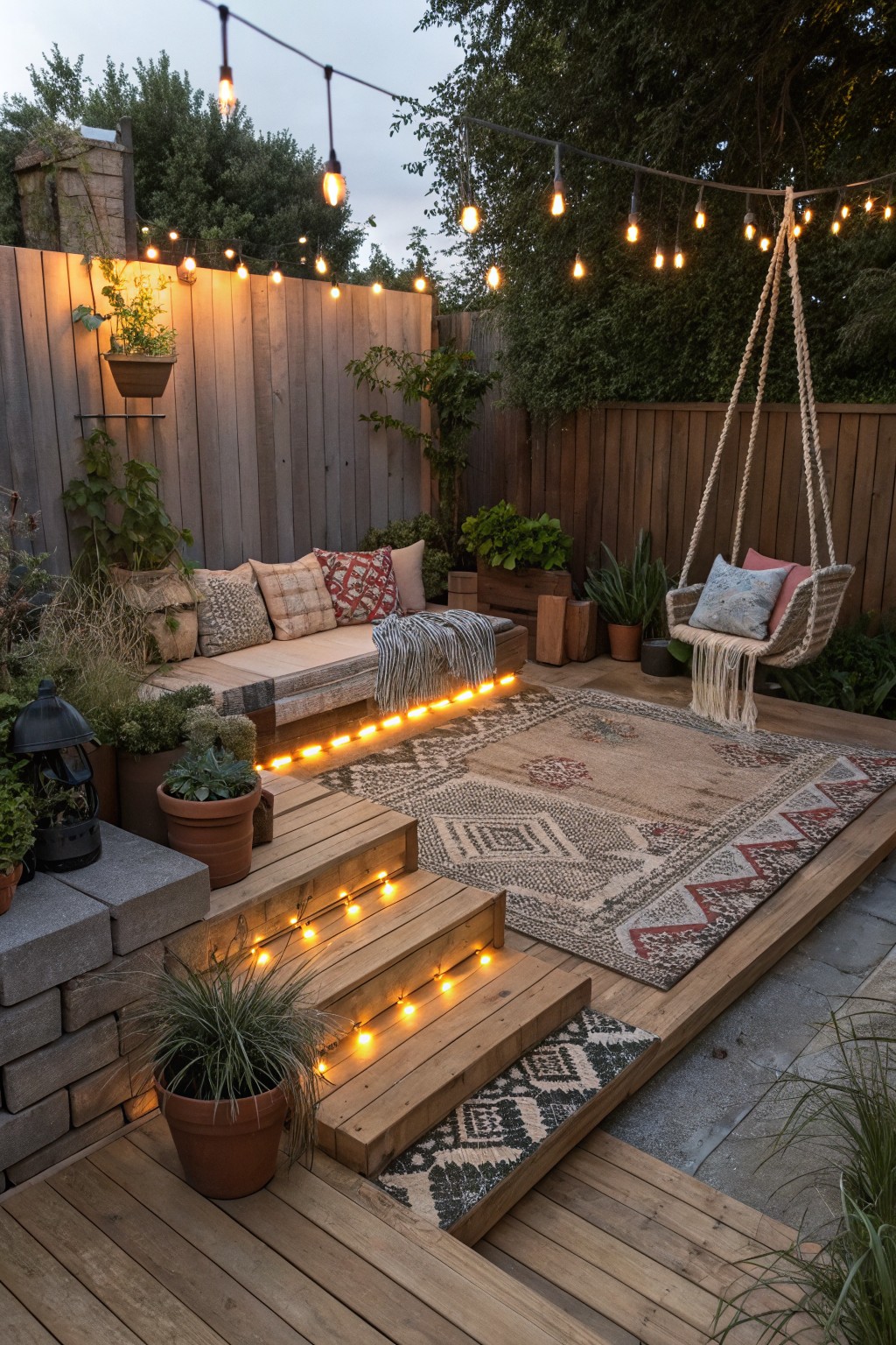 Wooden deck steps outlined with string lights, leading to a raised seating area with a hanging chair, cushions, and rugs.