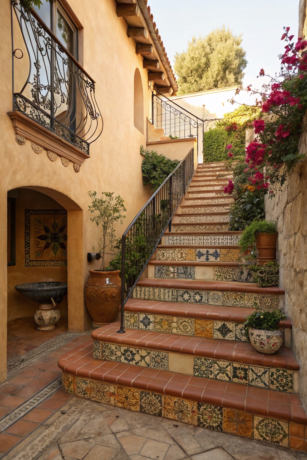 Outdoor staircase with colorful patterned ceramic tiles on the risers, terracotta pots with flowers along the sides, and a stucco house wall to the left.