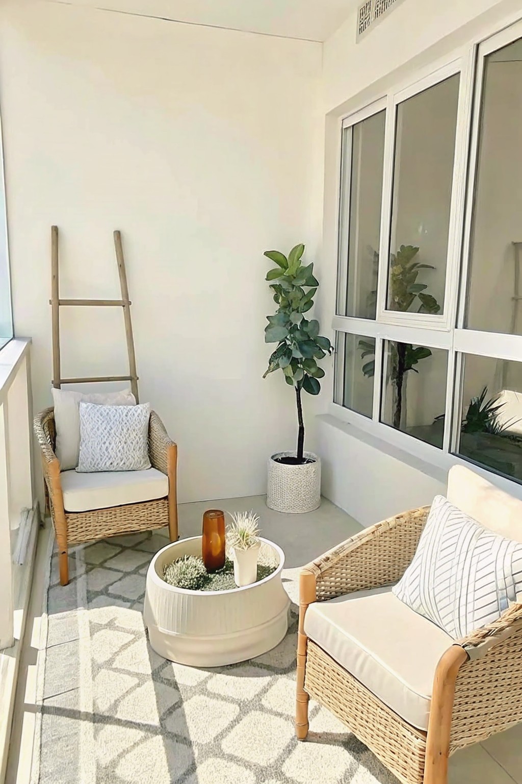 A small balcony patio with two wicker armchairs, a round white ribbed planter used as a central table with greenery, a tall potted tree, and a patterned rug.