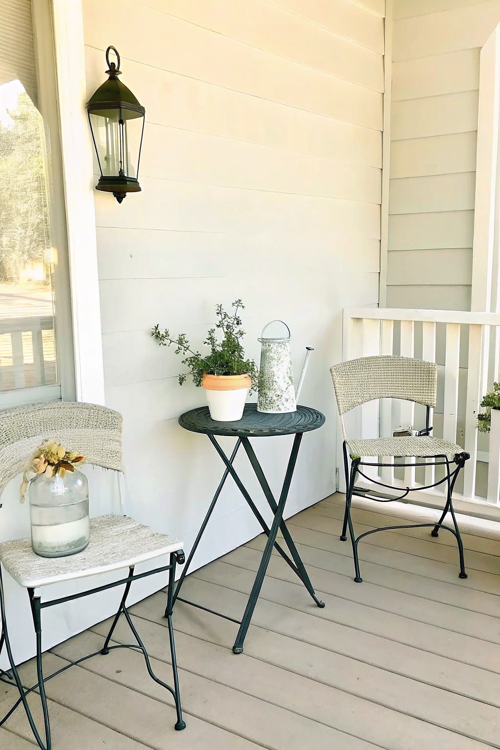 A wooden porch with two metal-framed chairs on either side of a small round table holding a potted plant and a watering can, set against white siding with a wall lantern above.