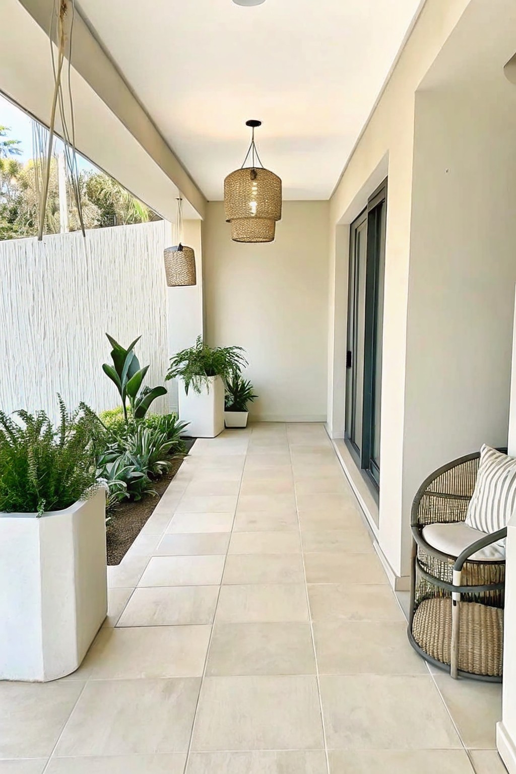 A long covered outdoor walkway with large white planters holding green plants along one side and a woven chair on the other.