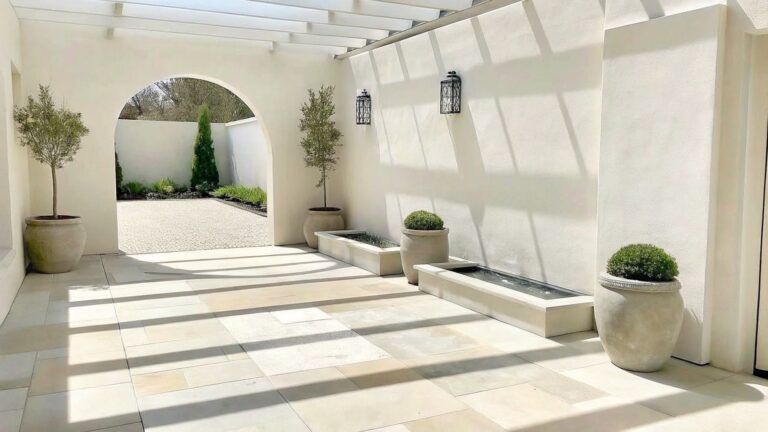 20 Elegant Garden Decor Ideas Centered Around Stone and Polished Planters A square stone fountain basin in a light-tiled courtyard holds two short cylindrical stone planters, with white walls, black lanterns, and a glass pergola overhead.