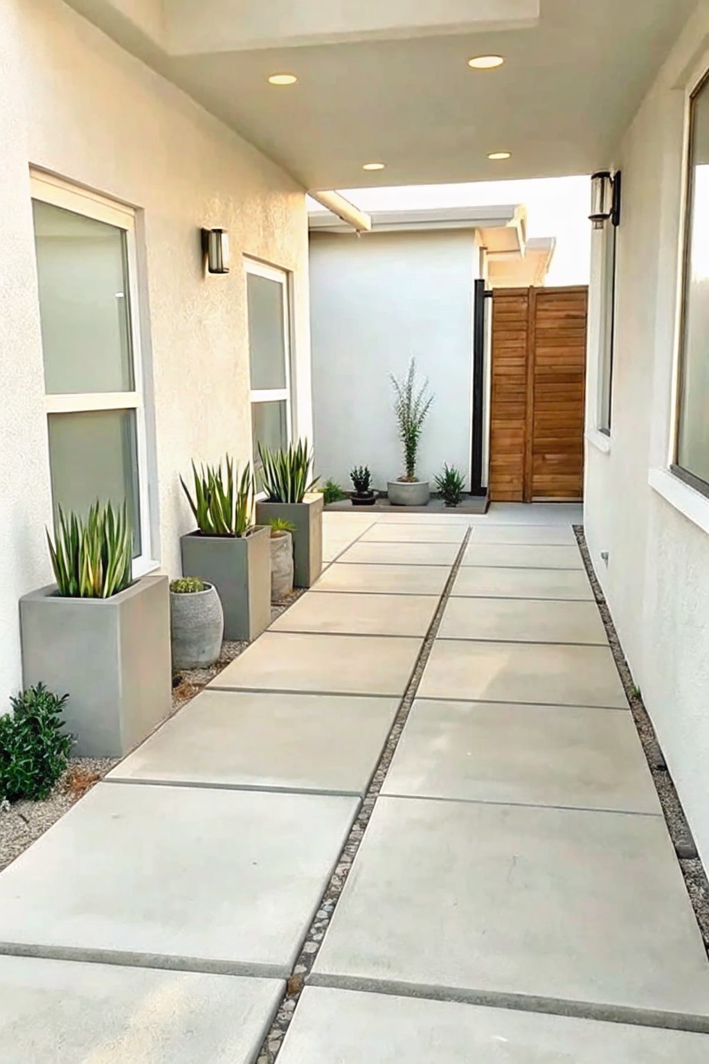 A paved concrete walkway bordered by large gray stone planters filled with green plants, leading toward a wooden gate.