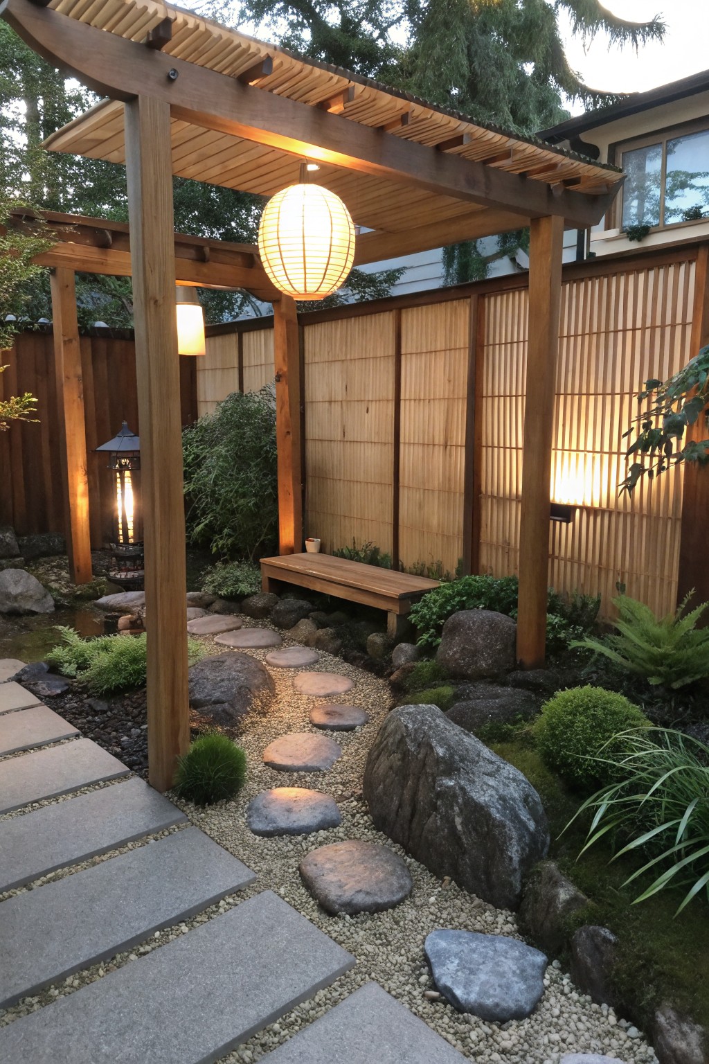 A wooden pergola with a large round paper lantern hanging above a bench, set in a garden with stone stepping stones, gravel, rocks, and bamboo fencing.