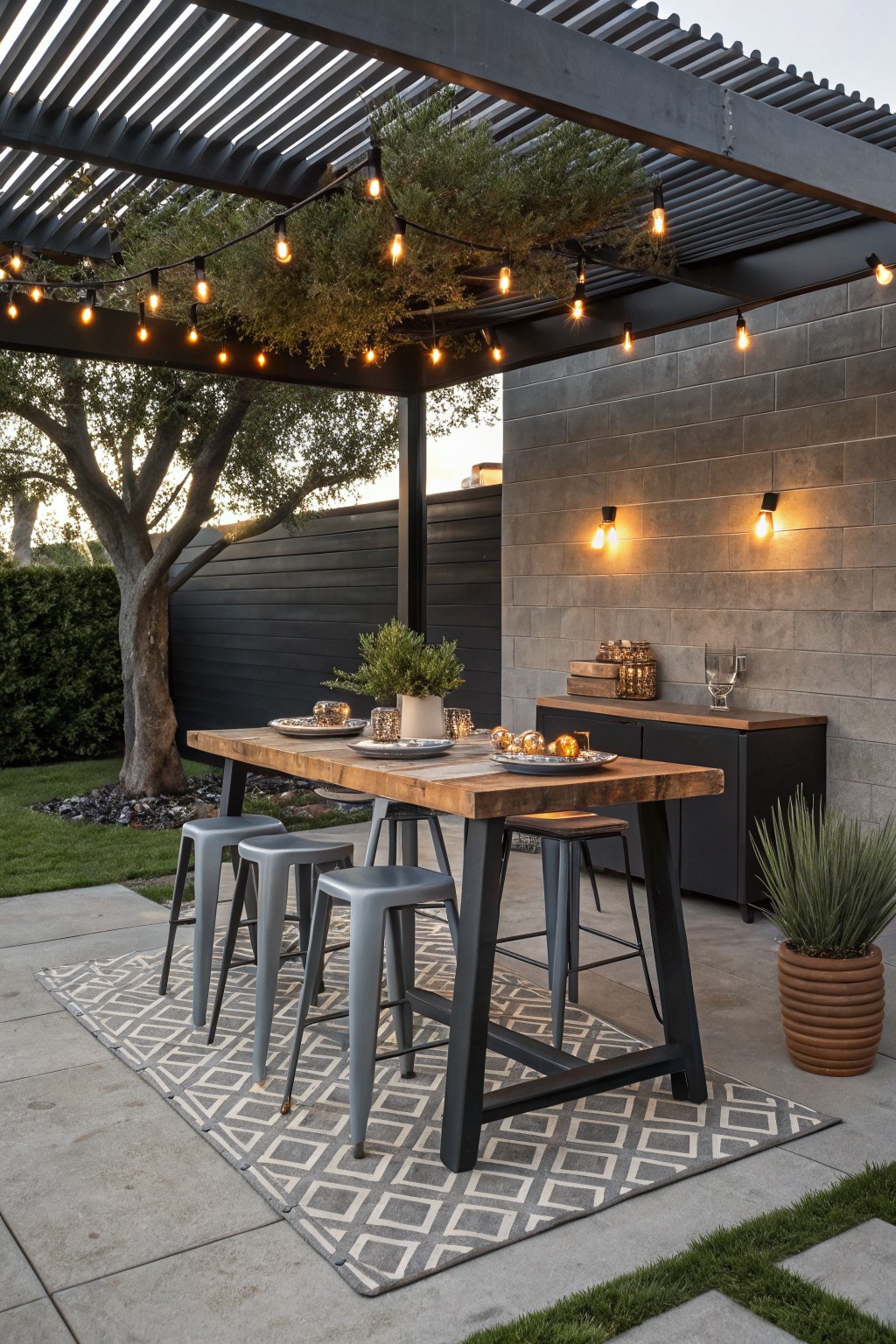Outdoor dining table with gray stools under a dark pergola with string lights strung overhead next to a gray block wall.