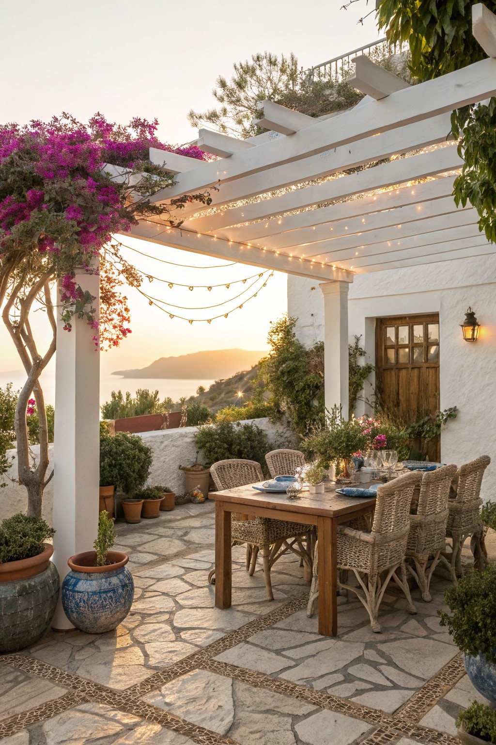 A white pergola with string lights over a wooden dining table and woven chairs on a stone patio, with potted plants and a sea view at sunset.