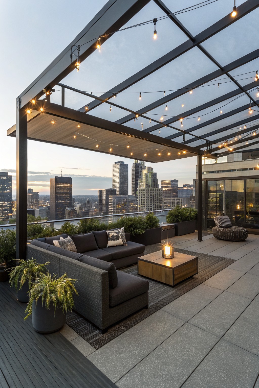 Rooftop patio with dark metal pergola, multiple rows of string lights, gray sectional sofa, wooden coffee table, potted plants, and city skyline at dusk.