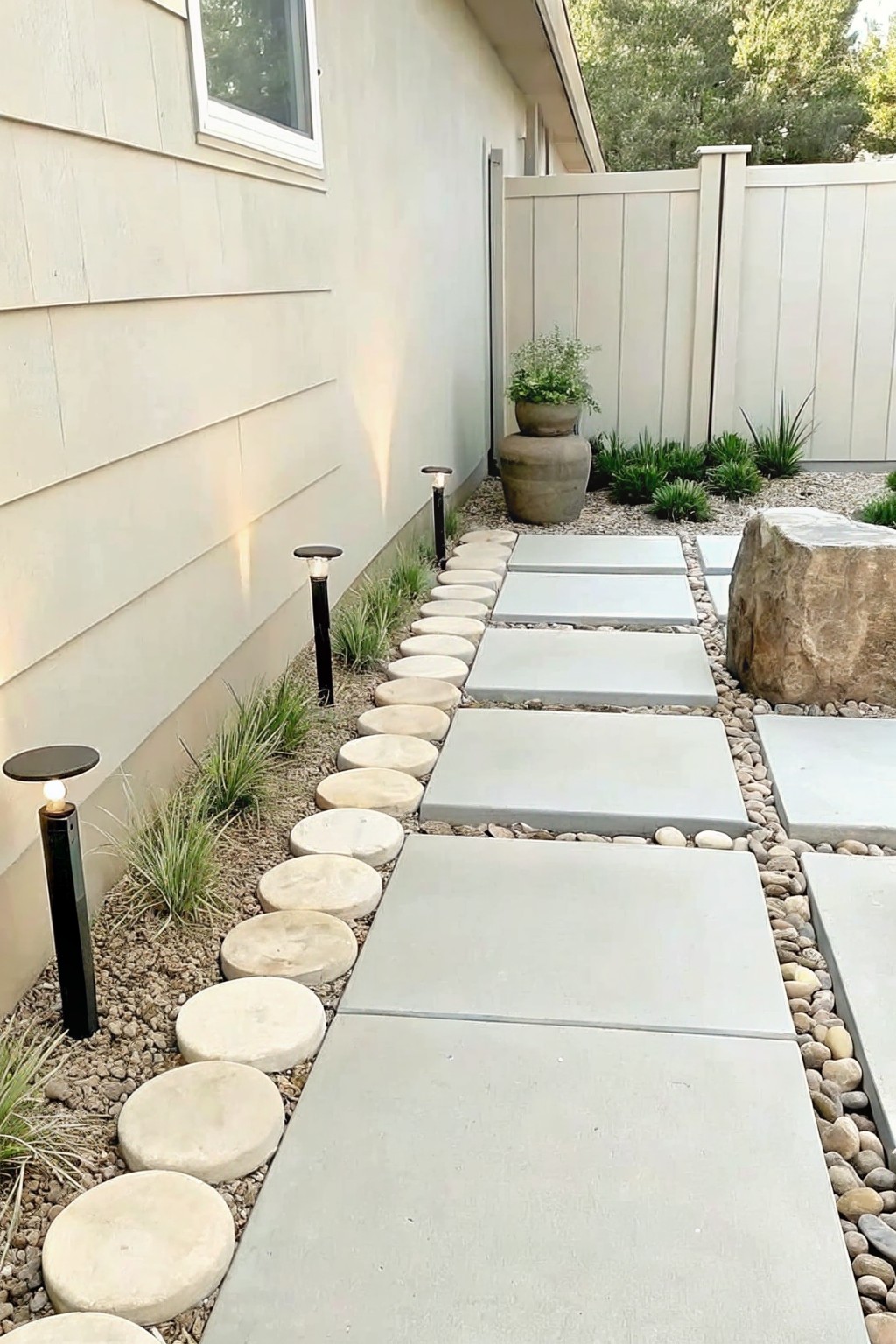 Garden path of gray pavers and round stones lined with solar lights and plants