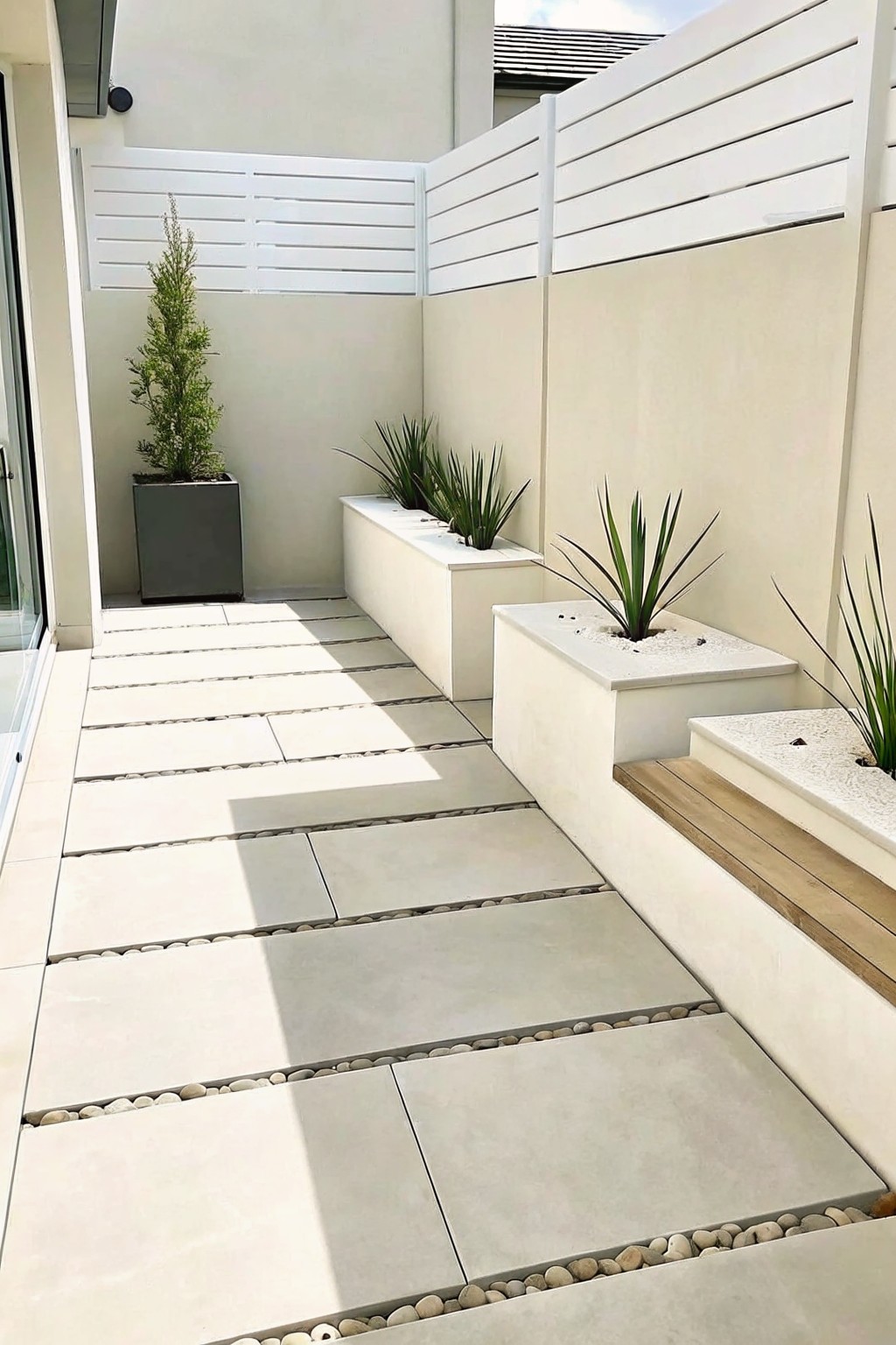 A narrow garden path of large light gray pavers separated by lines of small pebbles, with white raised planters holding plants along the right side.
