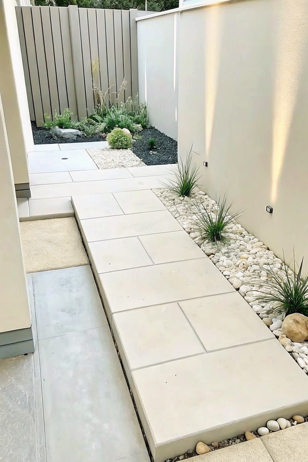 Modern paved walkway with white pebbles, grasses, and beige walls in garden