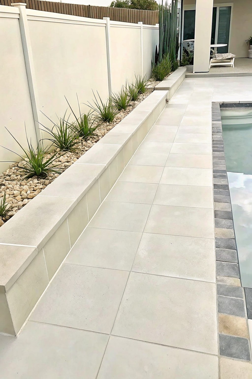 A tiled walkway runs beside a raised garden bed with light stone edging, filled with gravel and spiky plants, next to a pool.