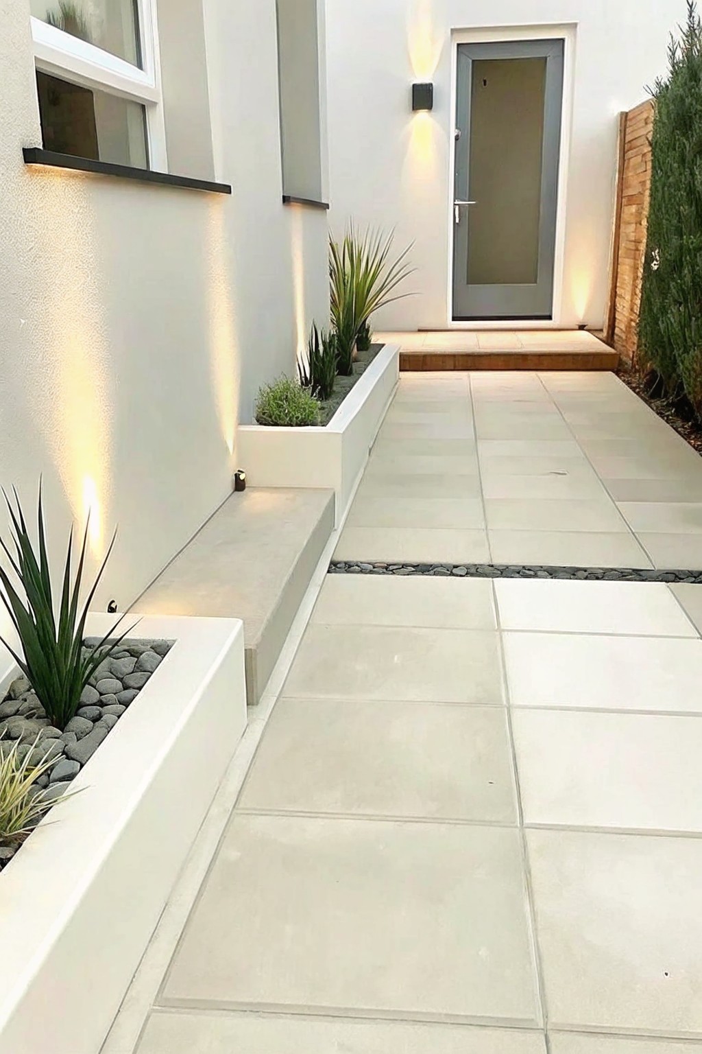 A light-colored paved path runs alongside white raised planters filled with grasses and pebbles, with a narrow strip of dark pebbles crossing the path.