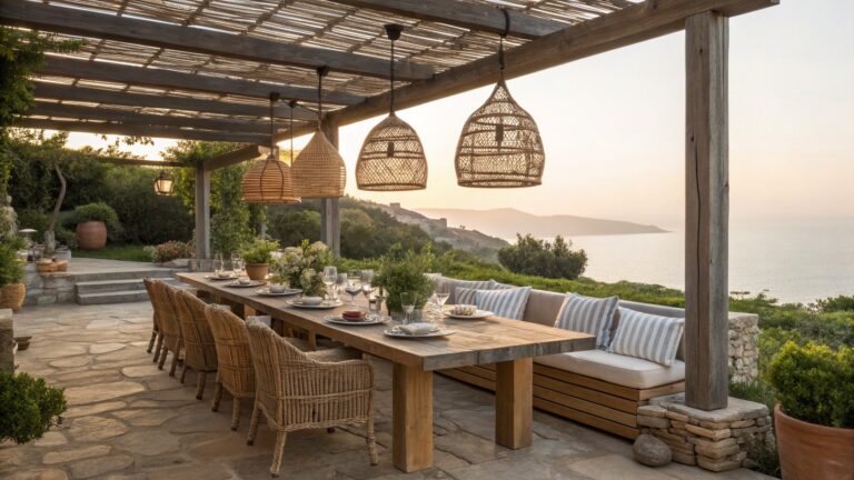 20 Stylish Hanging Garden Lights for Covered Seating and Outdoor Tables Outdoor dining table with woven hanging pendant lights above it on a stone patio under a wooden pergola, with ocean view in the background.