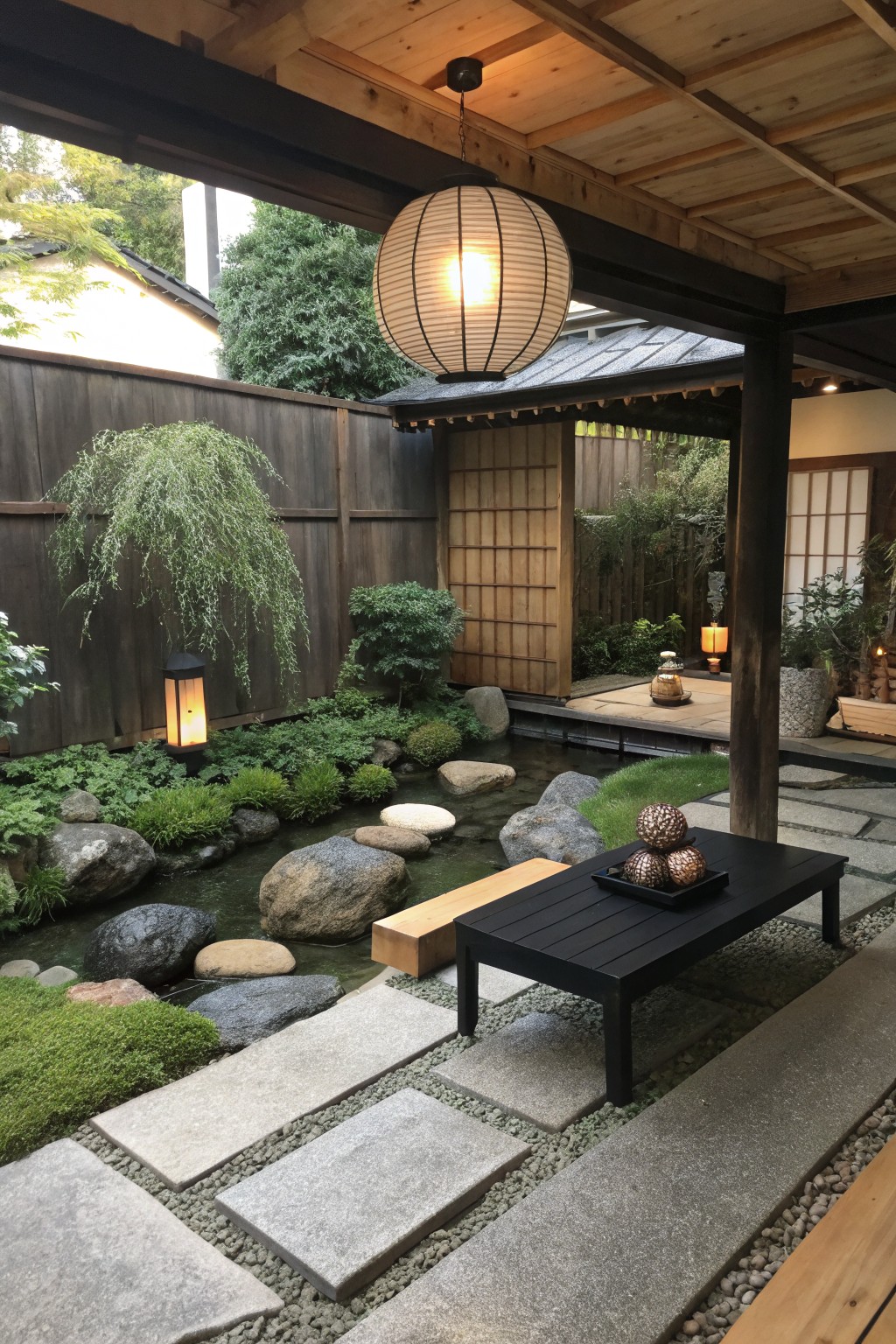 A large round hanging lantern lit above a black outdoor table on a covered patio beside a garden pond with stepping stones.