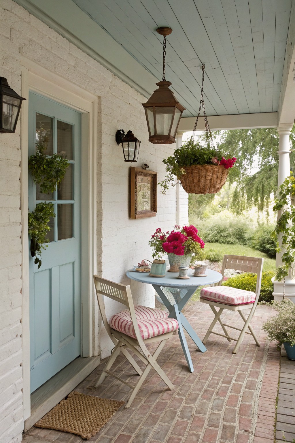 A round blue table with two striped cushioned chairs sits on a brick porch beneath two hanging metal lanterns, next to a light blue door on a white brick wall.