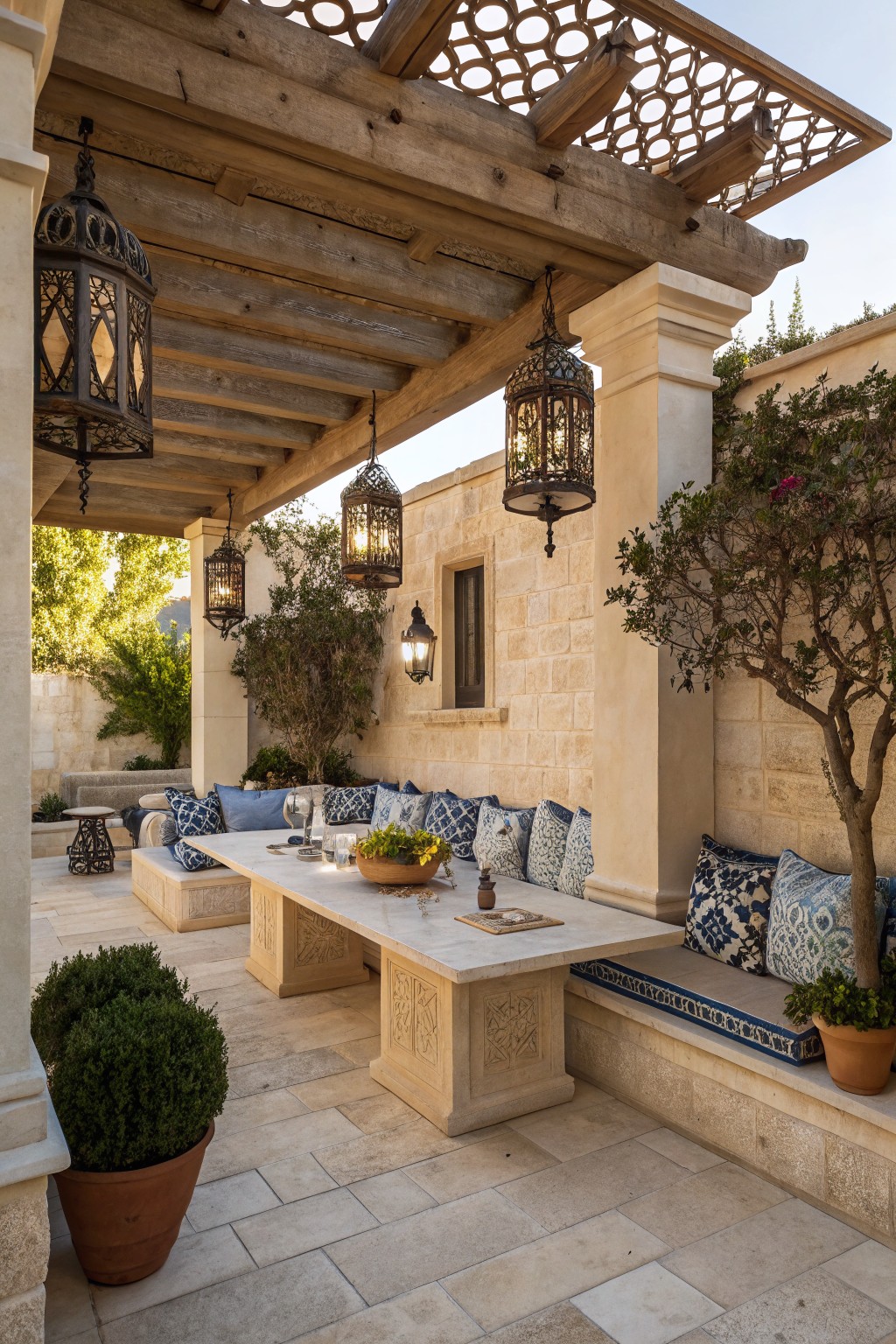Elegant patio with long stone table, blue cushions, hanging lanterns under wooden pergola