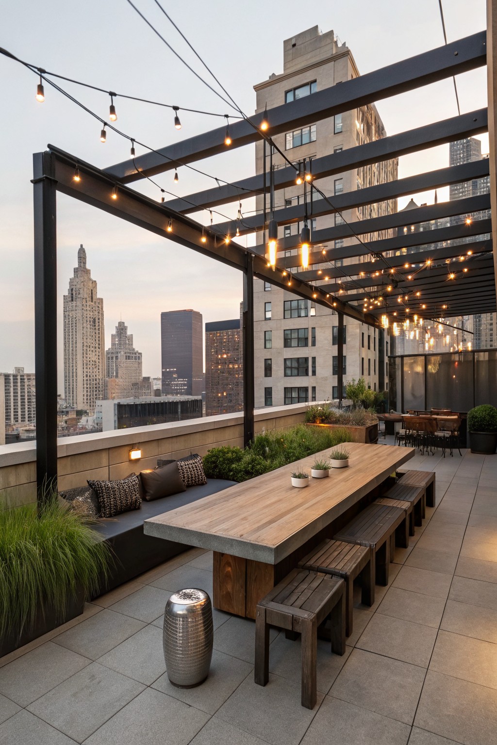 A long wooden dining table sits under a dark pergola on a city rooftop terrace, with multiple hanging pendant lights and string lights overhead.