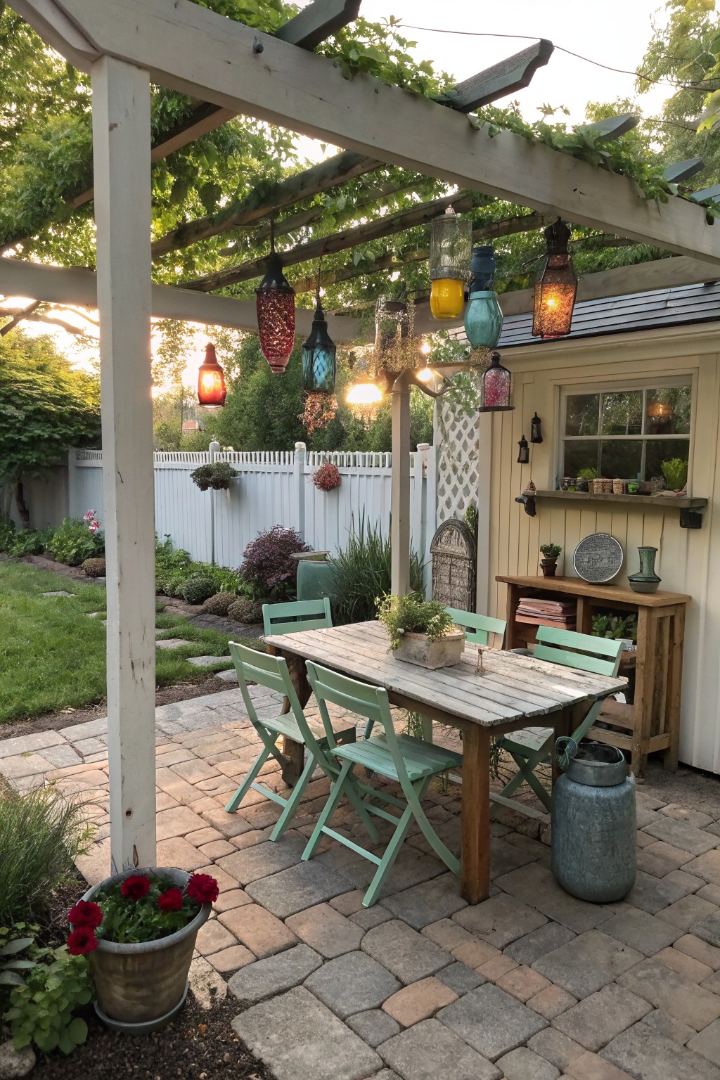 A wooden outdoor dining table with mint green folding chairs sits under a white pergola with multiple colorful hanging lanterns above it on a brick patio.