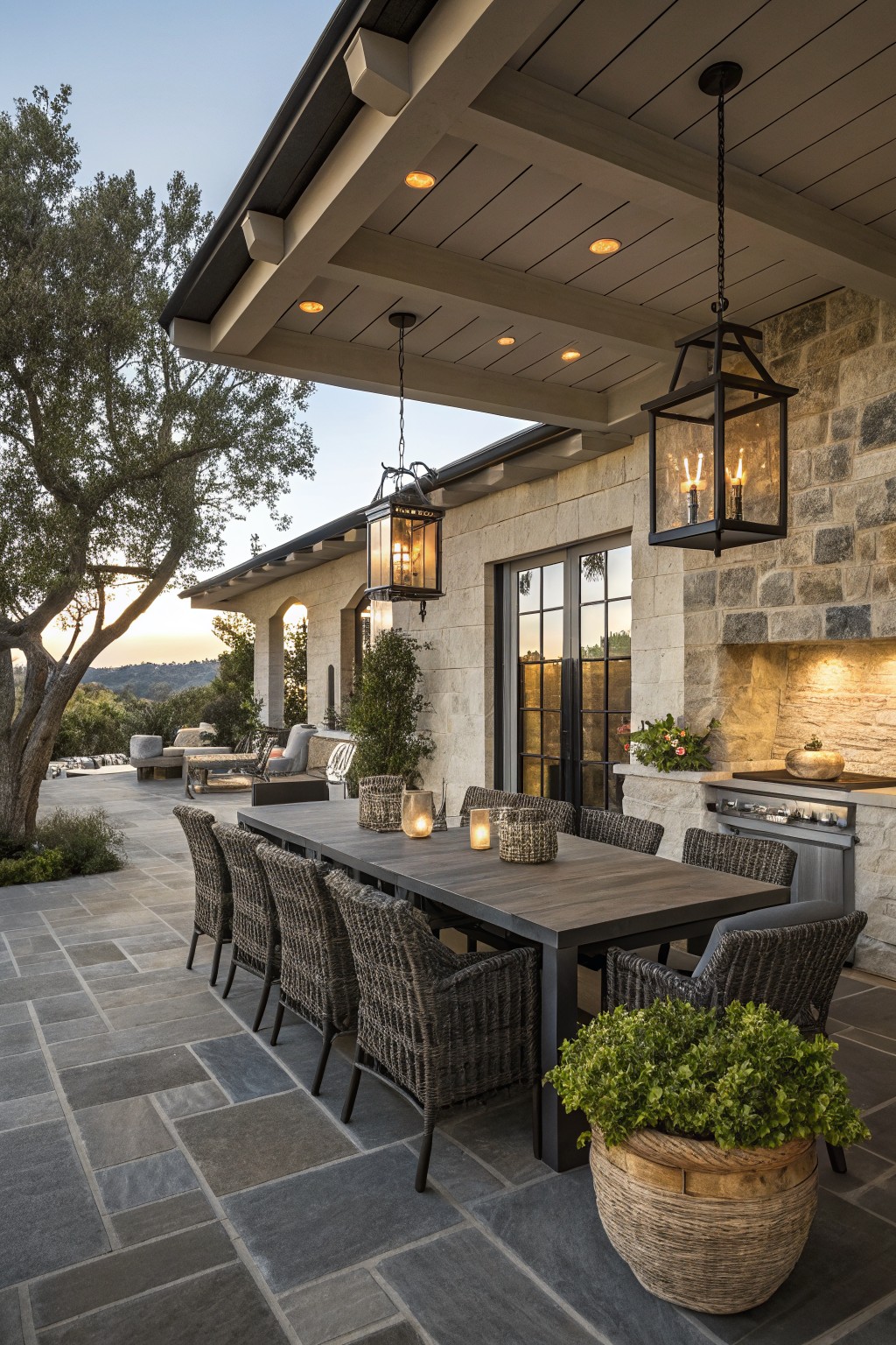 A covered patio with a long wooden dining table, woven chairs, and several black hanging lanterns suspended from the ceiling beams next to a stone fireplace.