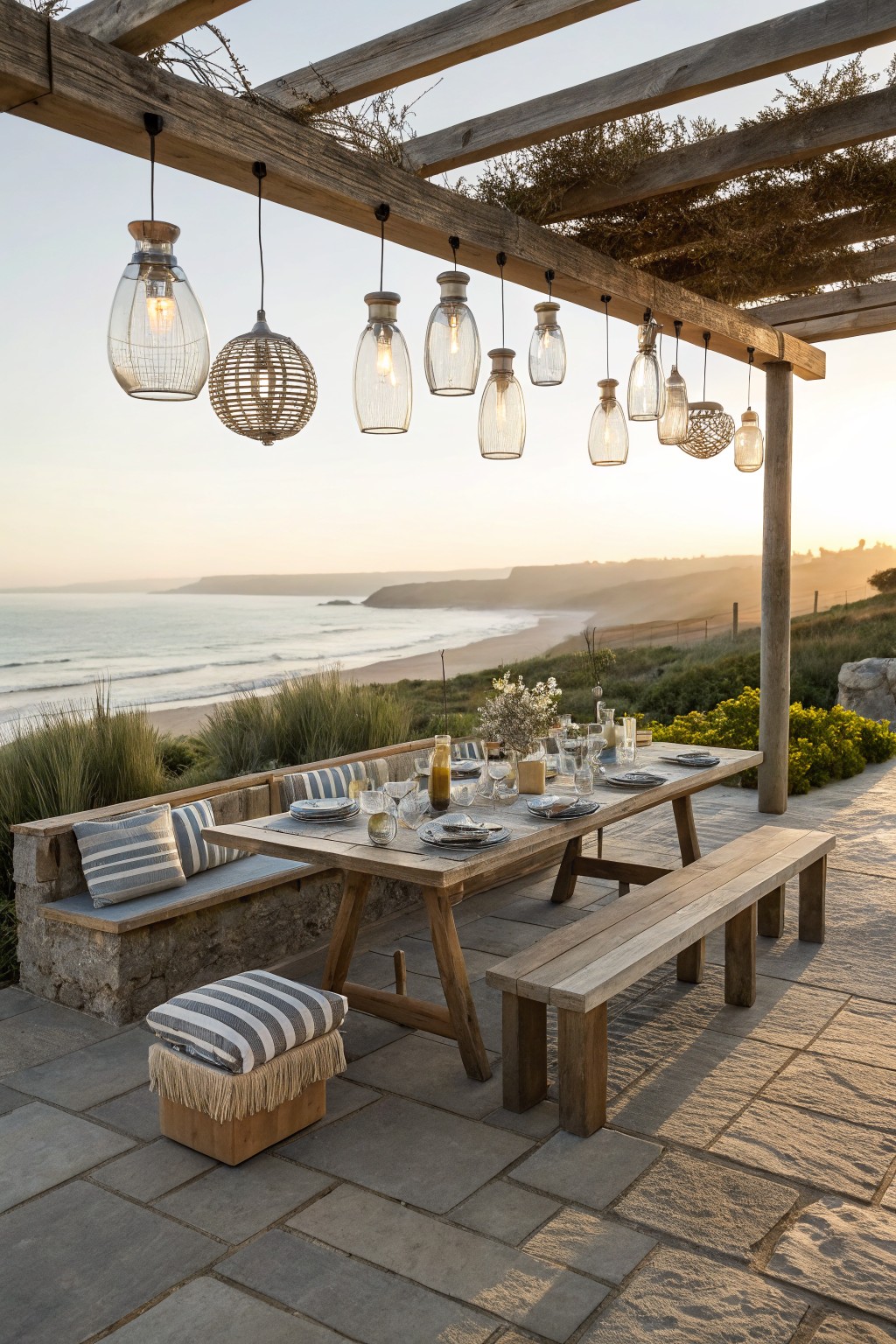 A long wooden dining table with benches under a pergola fitted with multiple hanging pendant lights, set on a stone patio overlooking the ocean at sunset.