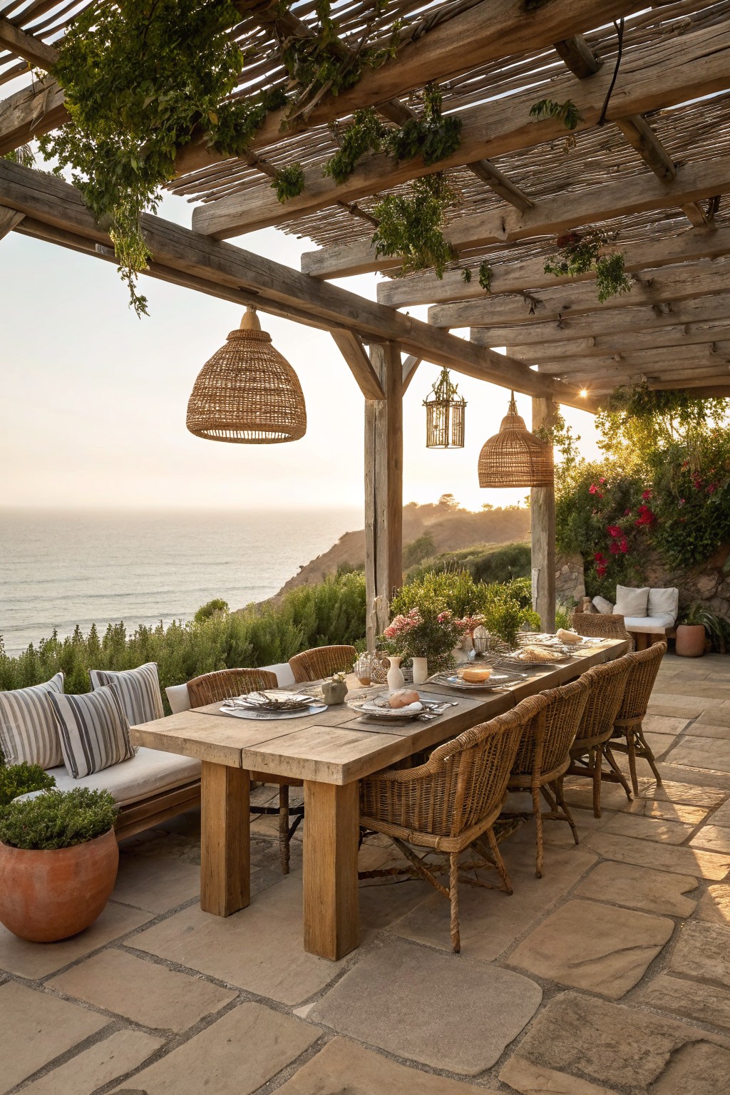 Outdoor dining table with woven hanging pendant lights above it on a stone patio under a wooden pergola, with ocean view in the background.