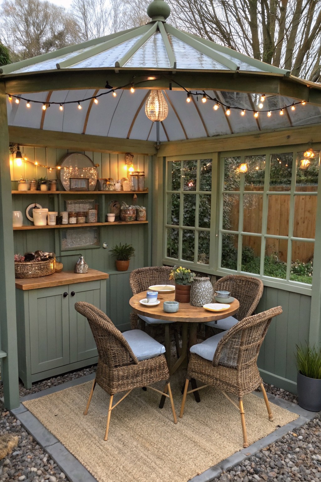 Cozy green gazebo with round wooden table, wicker chairs, string lights, and shelves.