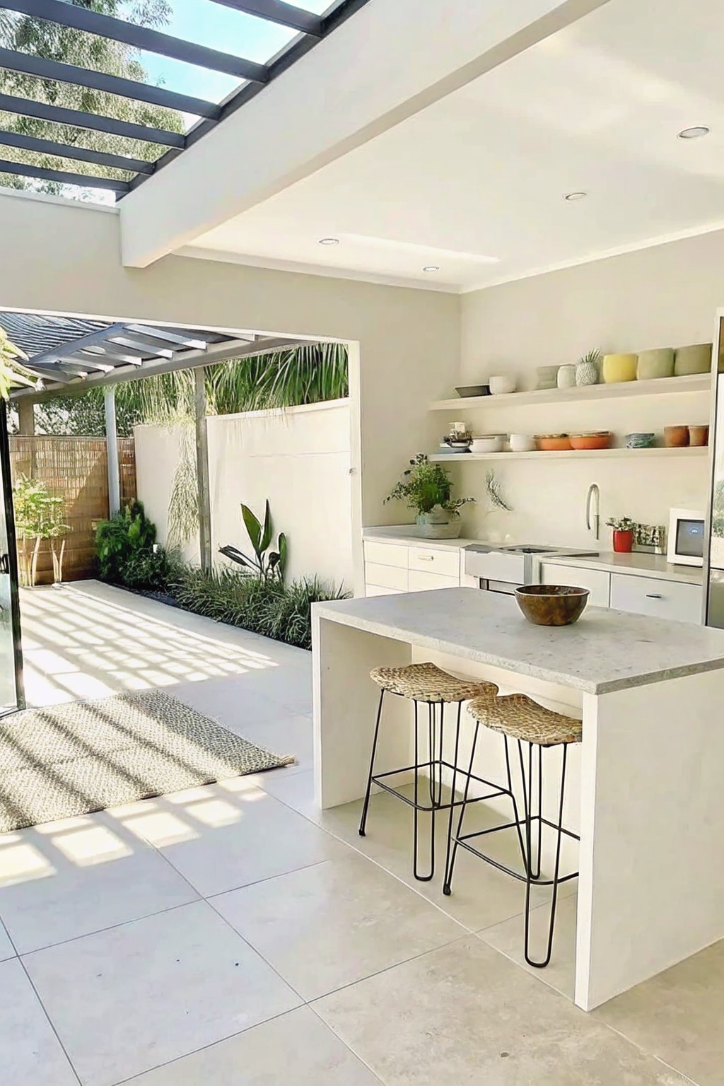 Modern white kitchen island with woven stools and sunlit open patio garden.