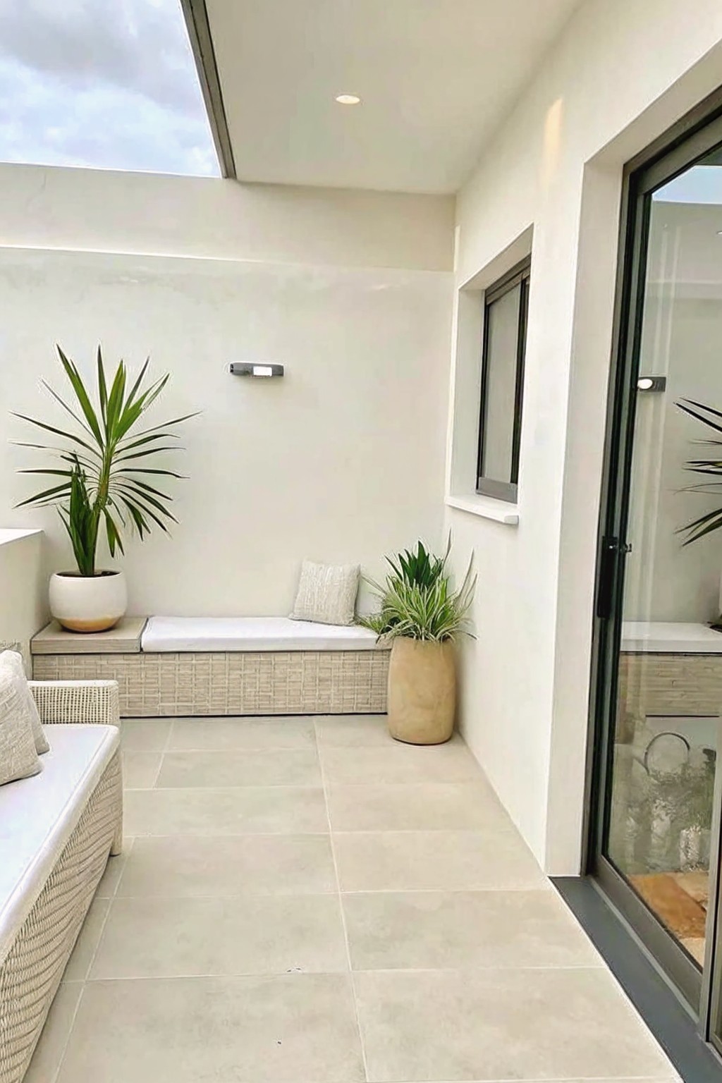 An outdoor patio with a built-in bench, two large potted plants with long leaves, light tile flooring, and a glass door on the right.