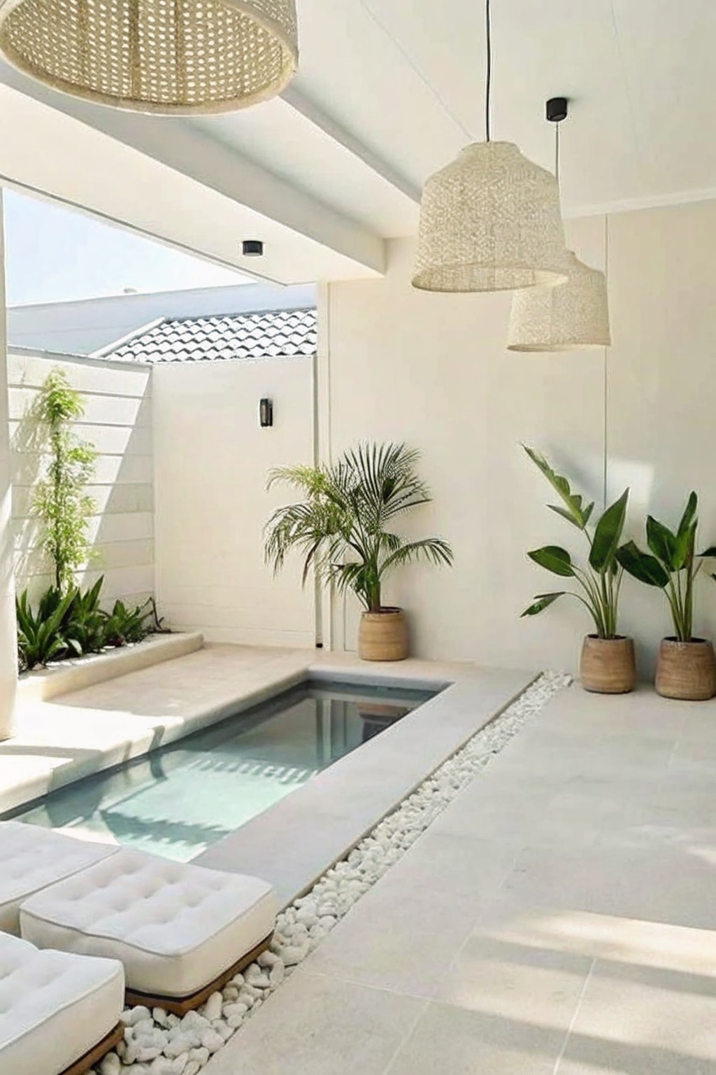 An outdoor pool area with a rectangular pool, white pebble border, potted tropical plants in woven baskets, white cushioned seating, and hanging woven light fixtures.