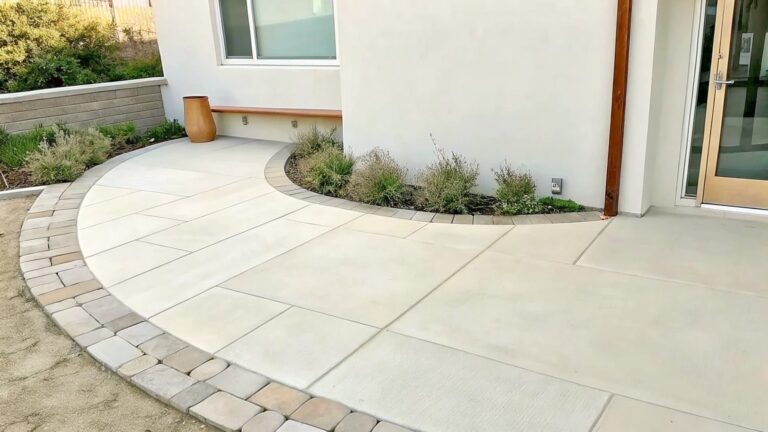 20 Beautiful Garden Border Ideas That Combine Clean Edging and Layered Flowers A light stone patio runs beside a house wall with a border of white pebbles separating it from three wooden planters holding shrubs.