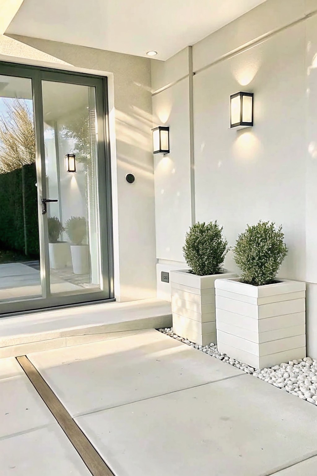Concrete pavers meet a band of white gravel beside two rectangular white planters with shrubs along a house wall.