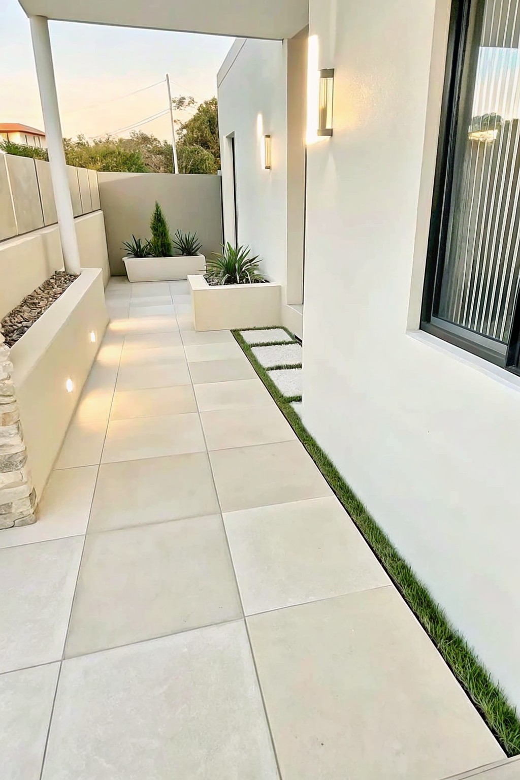A modern paved walkway with large light tiles and a narrow strip of grass running along the right edge beside a white wall.