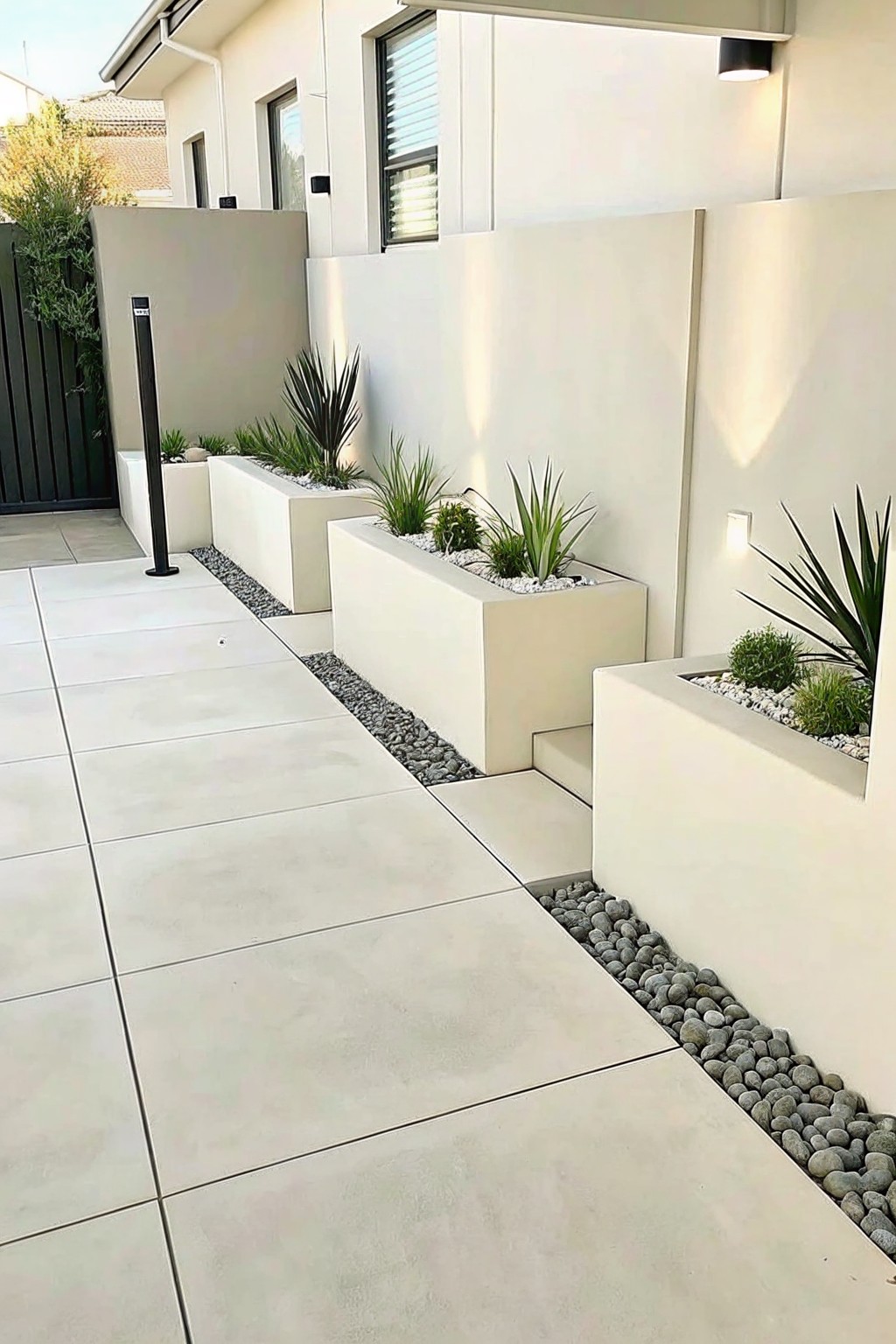 A paved outdoor walkway bordered by rectangular white planters holding assorted green plants, with narrow gravel strips separating the planters from the large light tiles.