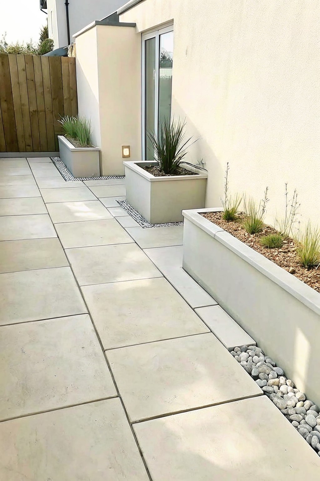 A paved walkway runs alongside raised rectangular concrete planters filled with ornamental grasses, with pebble edging at the base against a light stucco wall.
