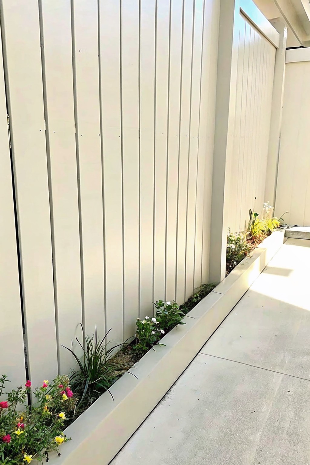 A narrow garden bed with layered flowers and greenery runs along a light vertical fence, separated from the concrete walkway by a low straight concrete edge.
