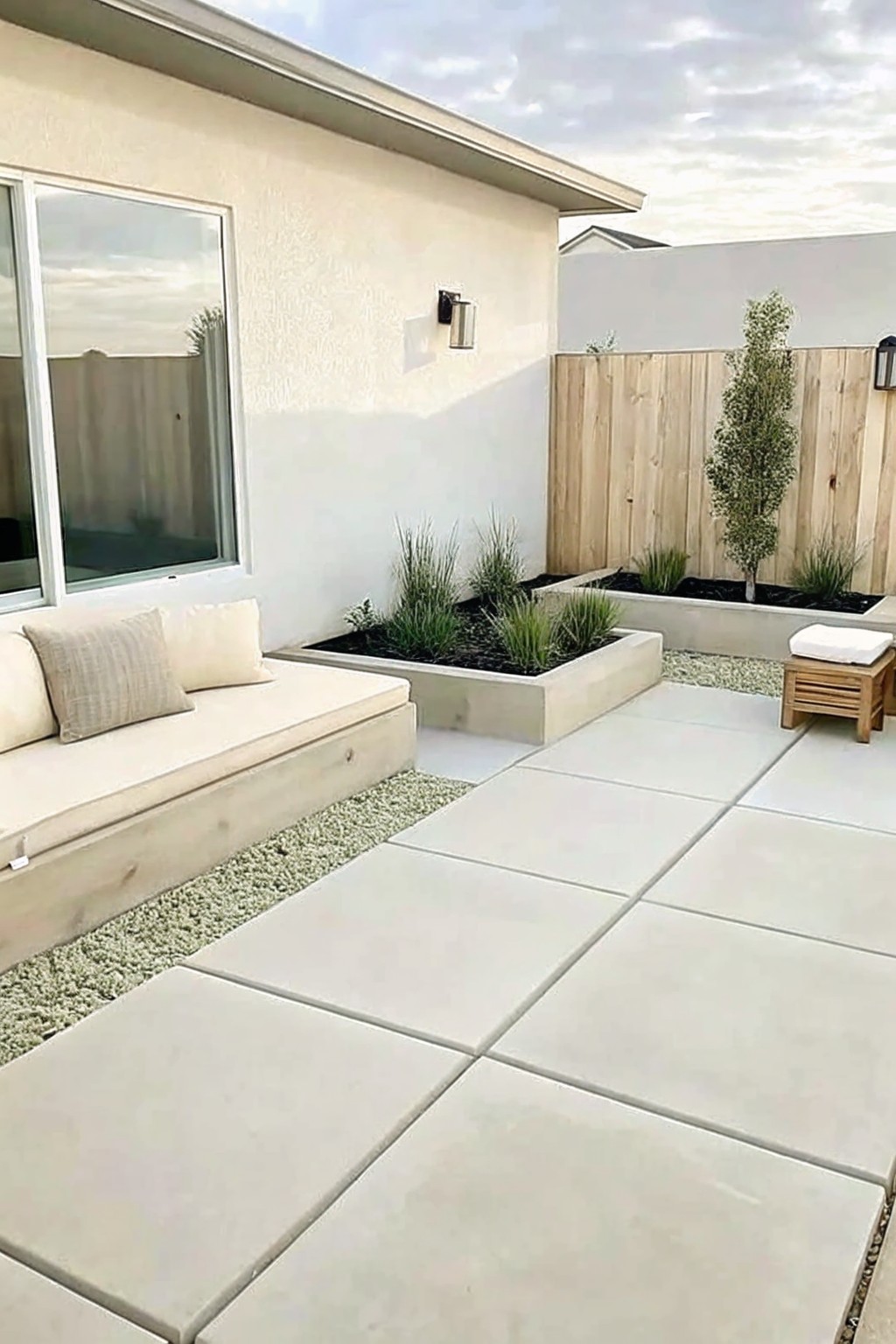 A backyard patio with large concrete pavers, a built-in bench with cushions against the house wall, and raised concrete planters containing grasses and a small tree.