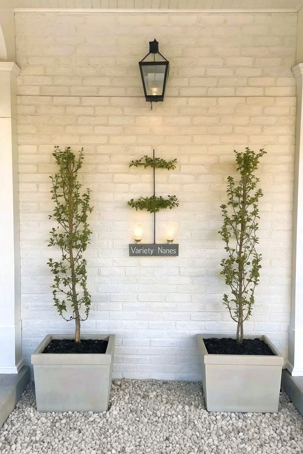 Two matching square planters with tall trees sit on gravel in front of a white brick wall, with a central hanging plant stand and overhead lantern.