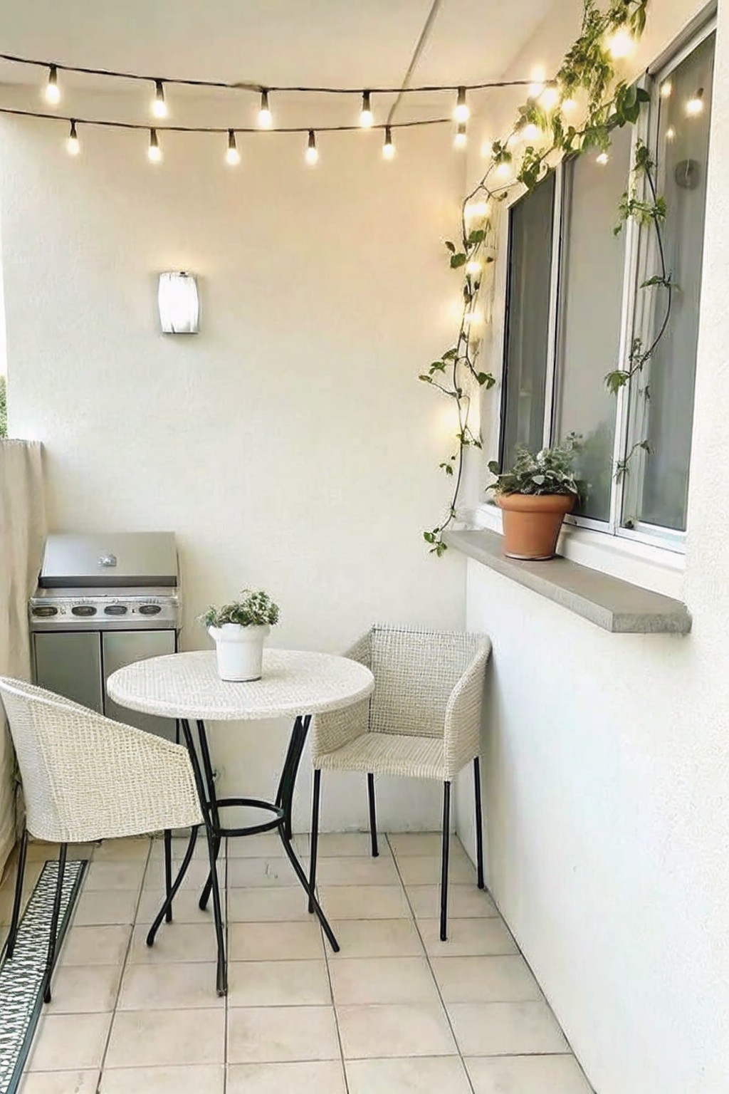 A small tiled balcony with a round table, two woven chairs, a stainless grill, string lights overhead, and vines along the right wall.